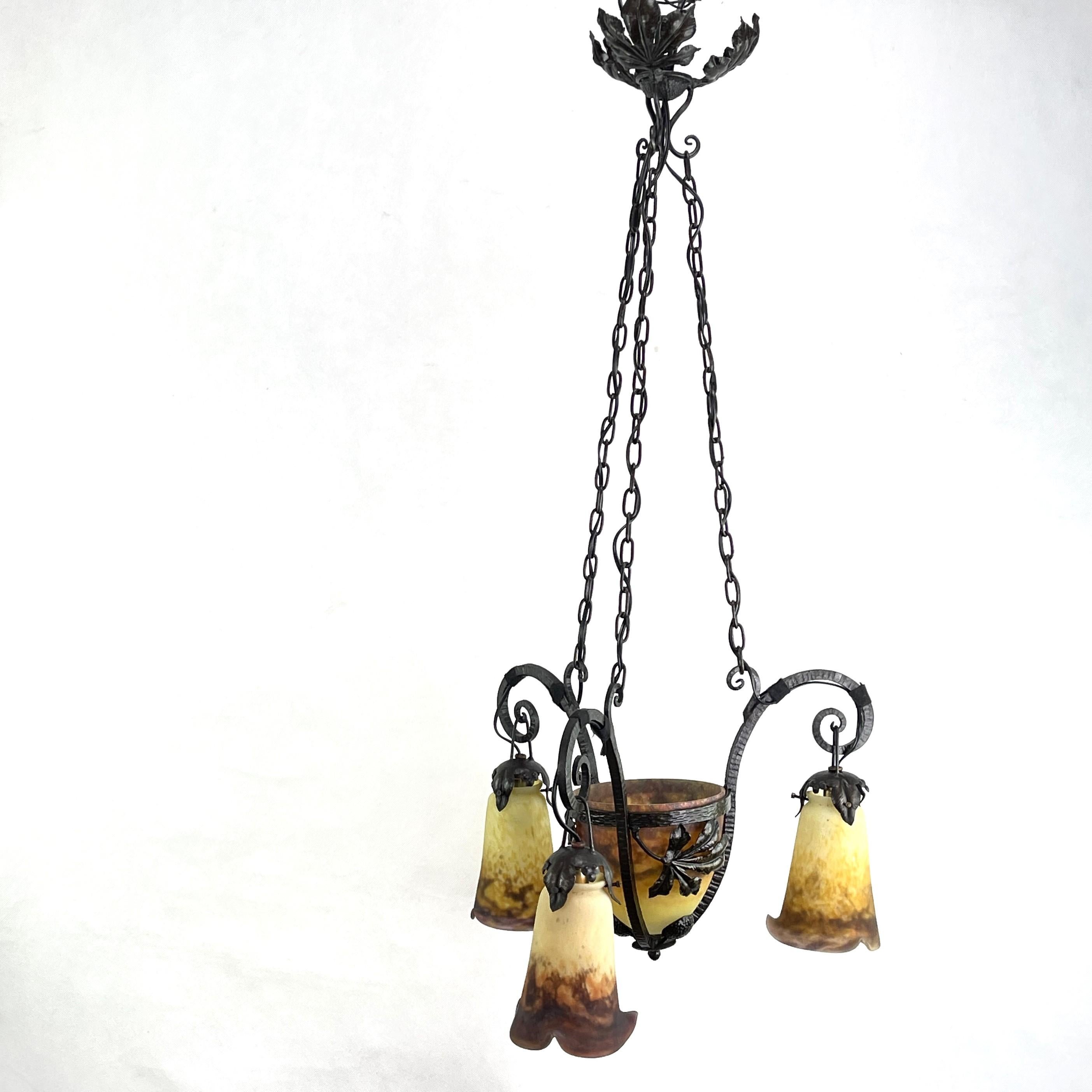 French Art Deco Pate De Verre Chandelier by Muller Freres, Luneville, 1930s