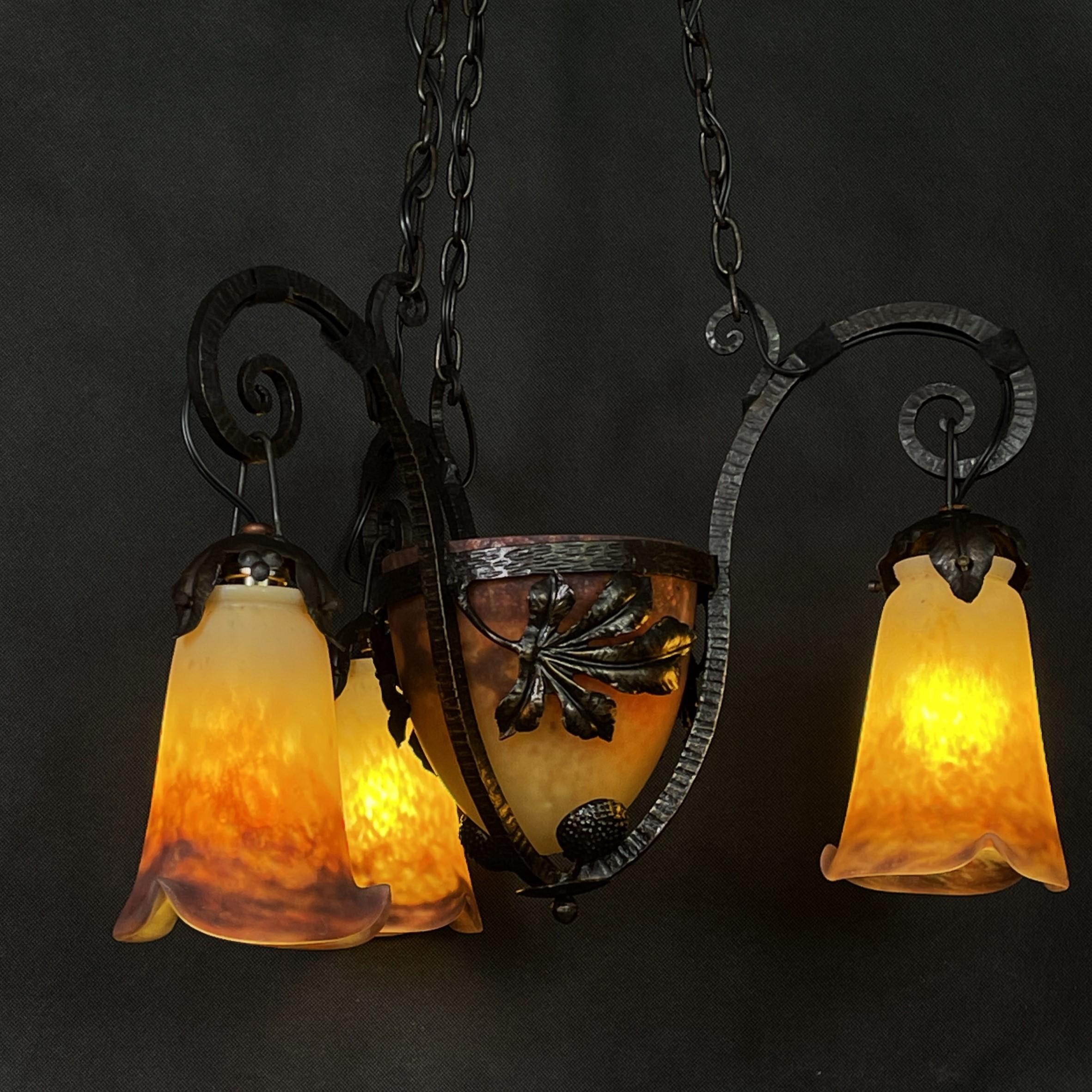 Art Deco Pate De Verre Chandelier by Muller Freres, Luneville, 1930s 3