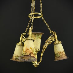 Art Deco Pate de Verre Chandelier by Muller Freres Luneville Bronze, 1930s