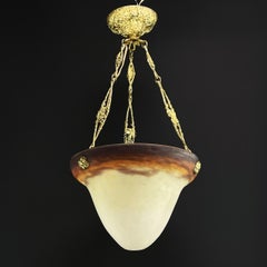 Art Deco Pate de Verre Chandelier by Muller Freres Luneville Bronze, 1930s