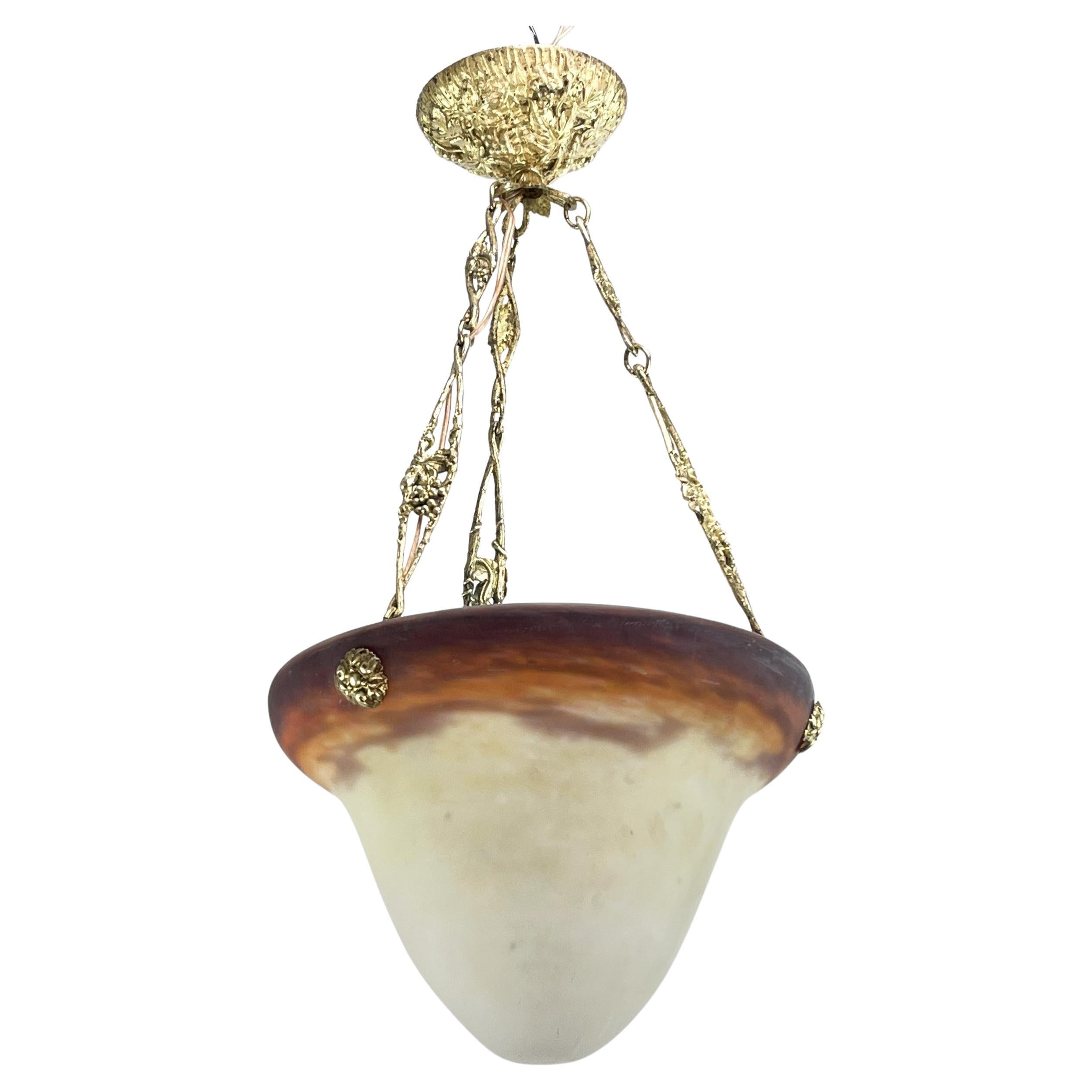 Art Deco Pate de Verre Chandelier by Muller Freres Luneville Bronze, 1930s For Sale