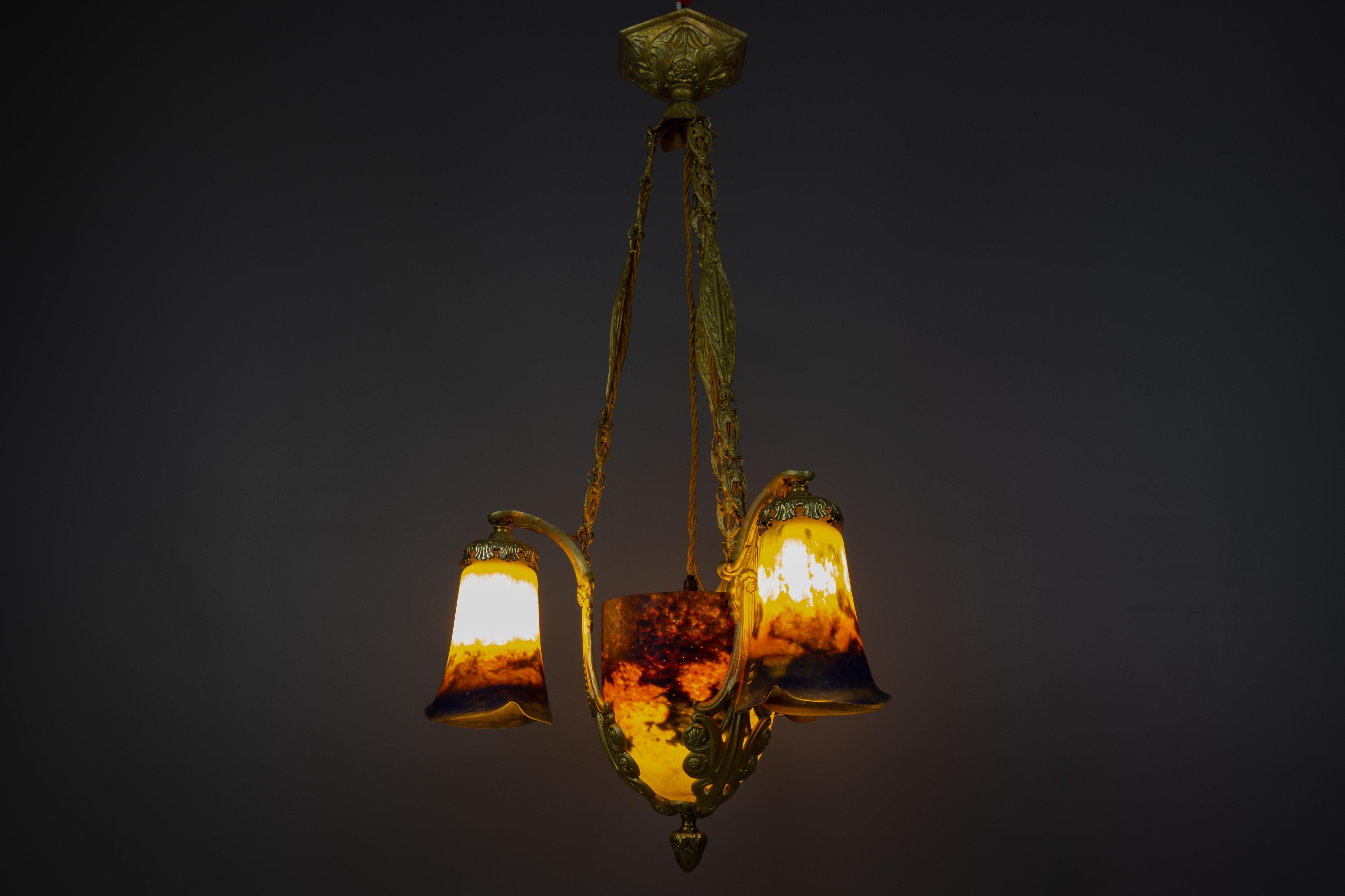Art Deco Pâte de Verre Glass and Bronze Four-Light Chandelier by Noverdy France For Sale 7