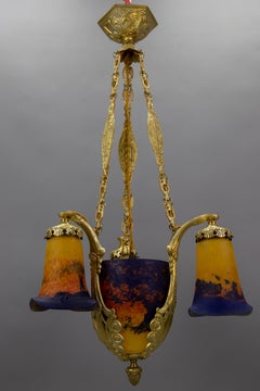 Art Deco Pâte de Verre Glass and Bronze Four-Light Chandelier by Noverdy France