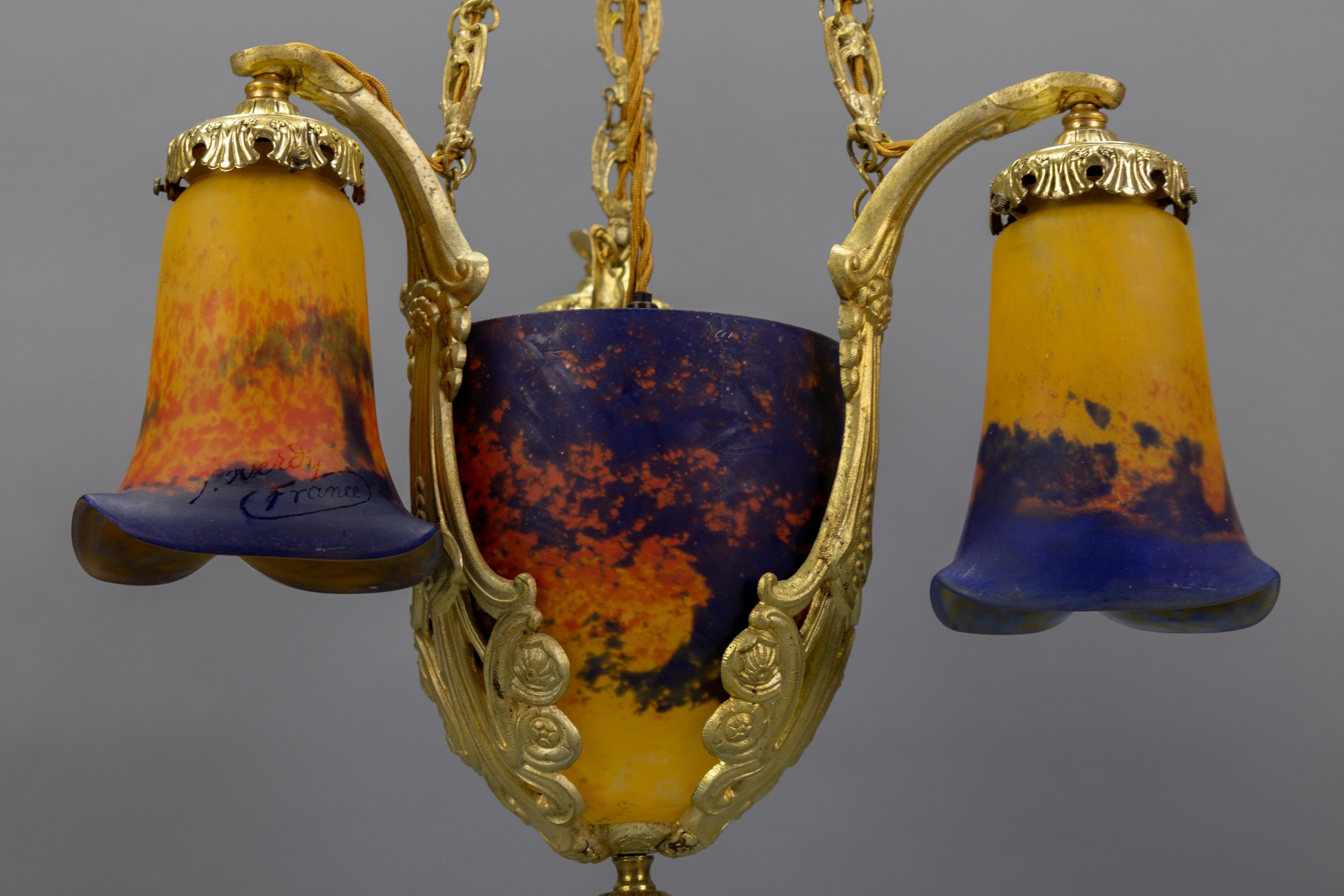French Art Deco Pâte de Verre Glass and Bronze Four-Light Chandelier by Noverdy France For Sale