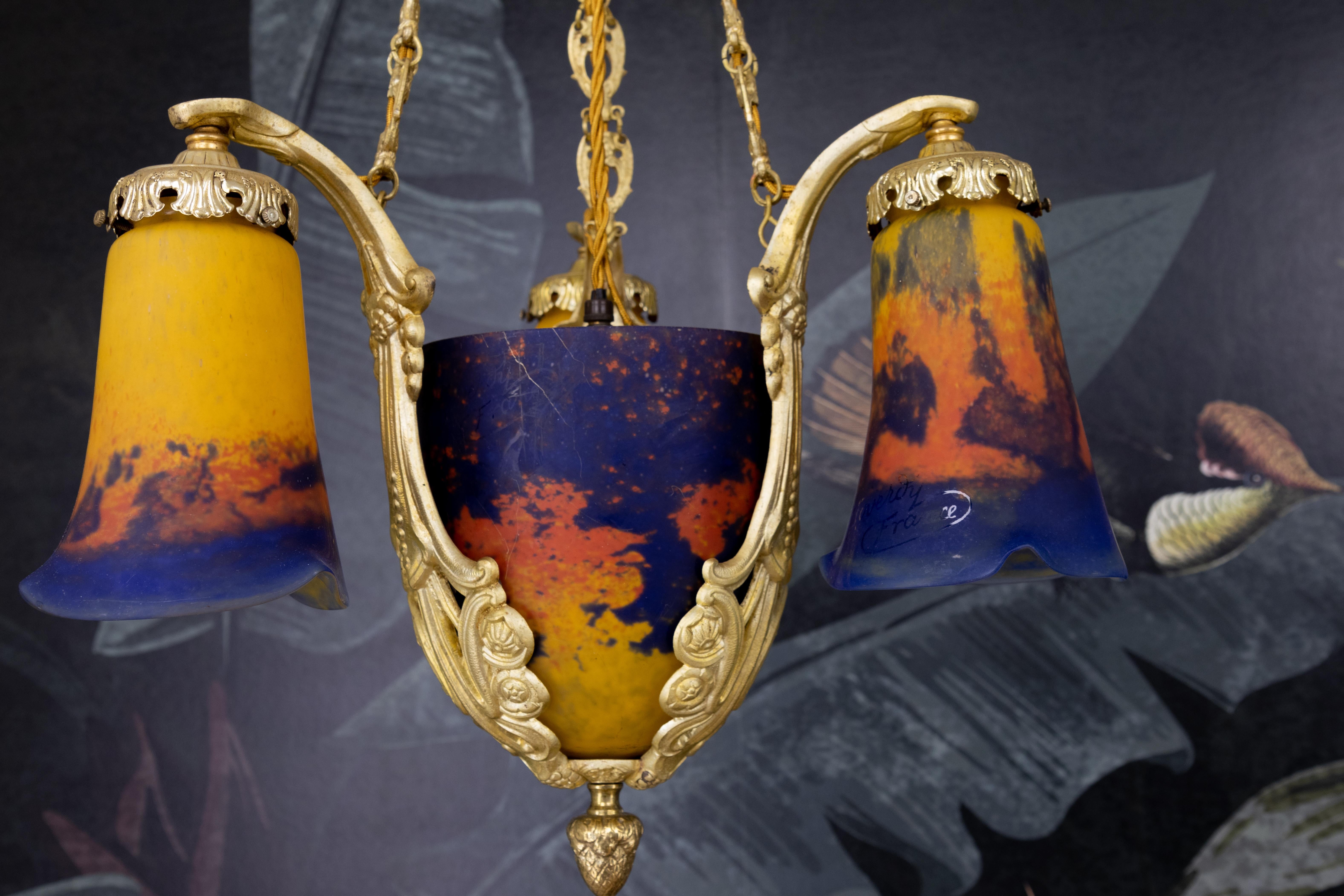 Early 20th Century Art Deco Pâte de Verre Glass and Bronze Four-Light Chandelier by Noverdy France For Sale