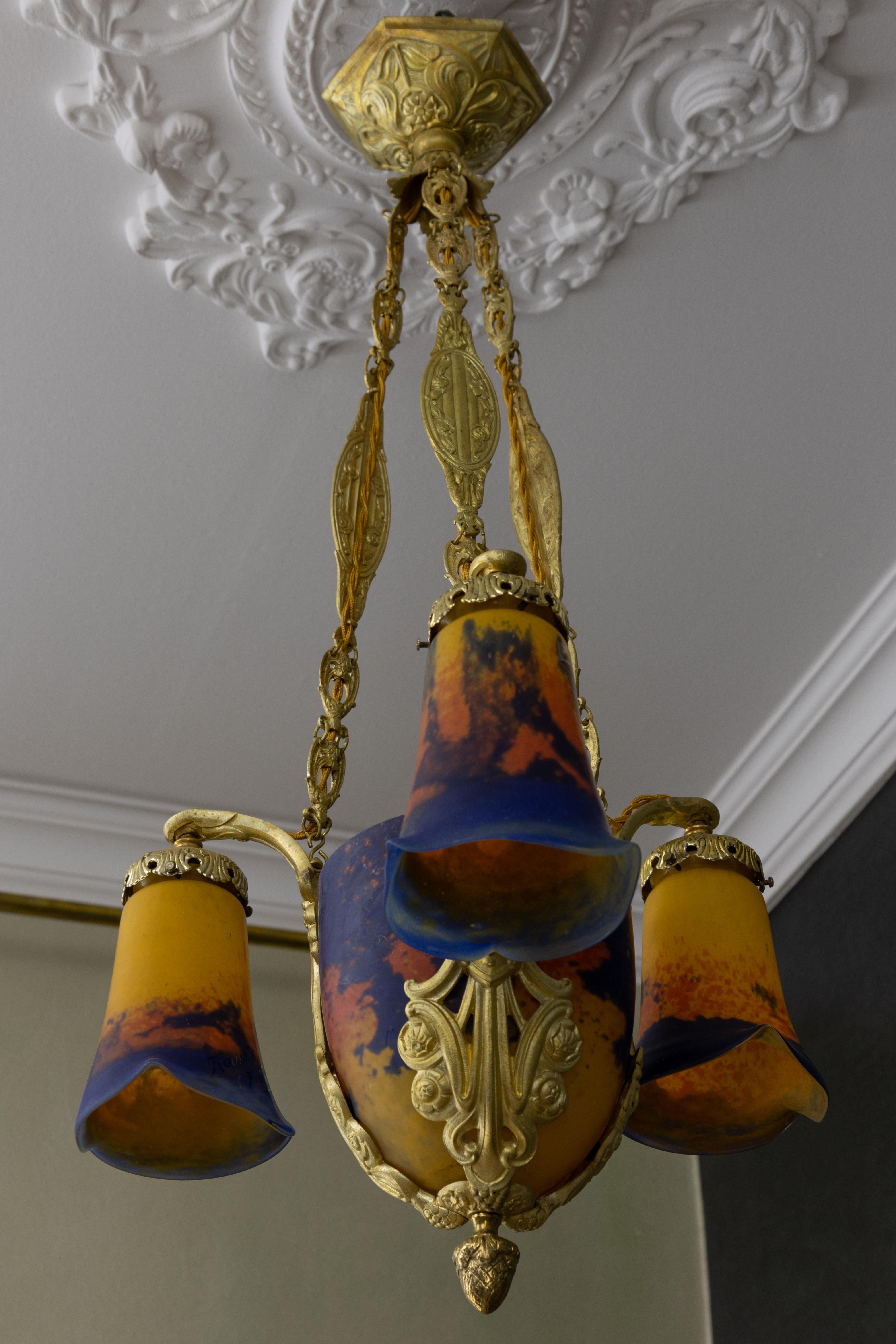 Brass Art Deco Pâte de Verre Glass and Bronze Four-Light Chandelier by Noverdy France For Sale