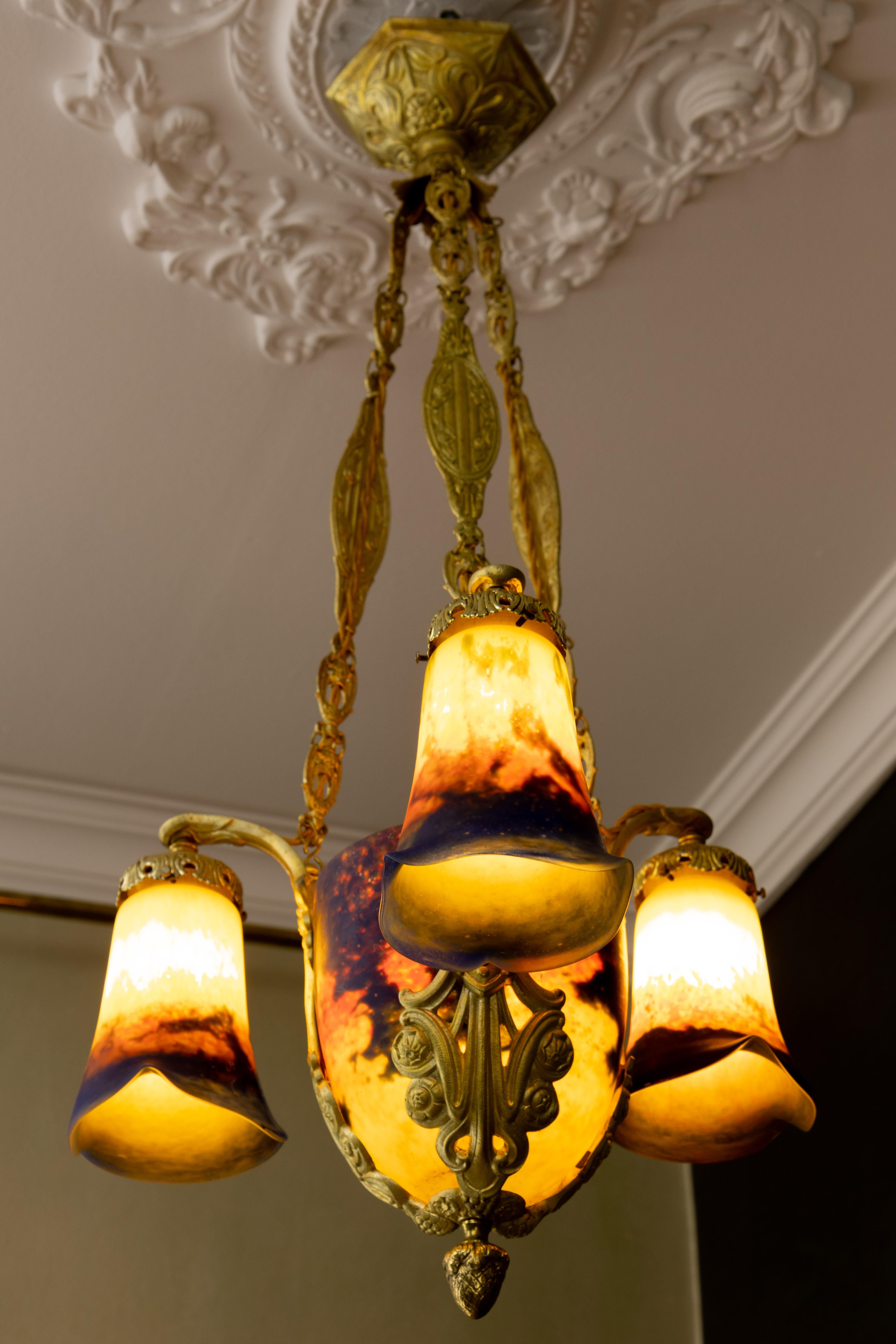 Art Deco Pâte de Verre Glass and Bronze Four-Light Chandelier by Noverdy France For Sale 1