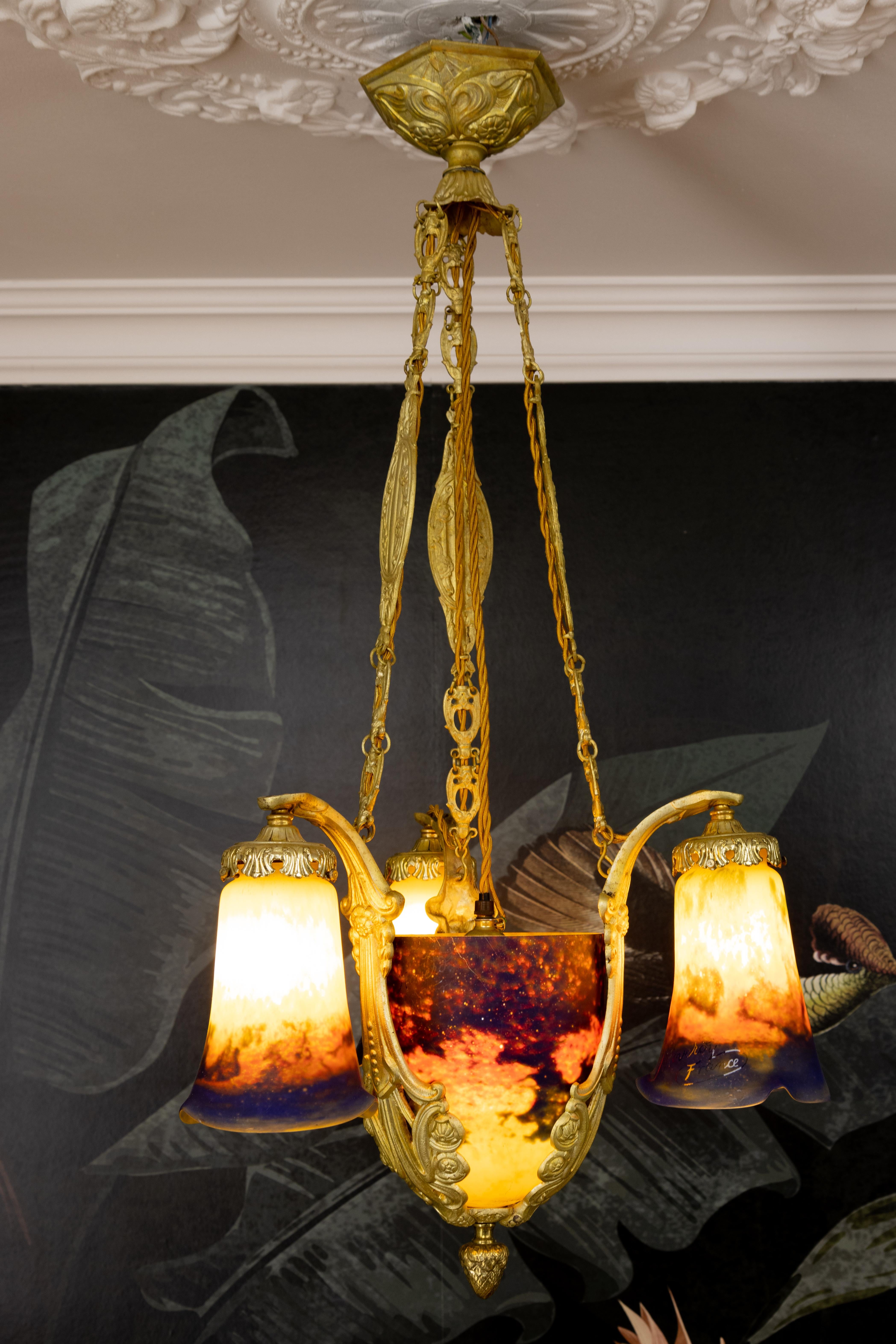 Art Deco Pâte de Verre Glass and Bronze Four-Light Chandelier by Noverdy France For Sale 2