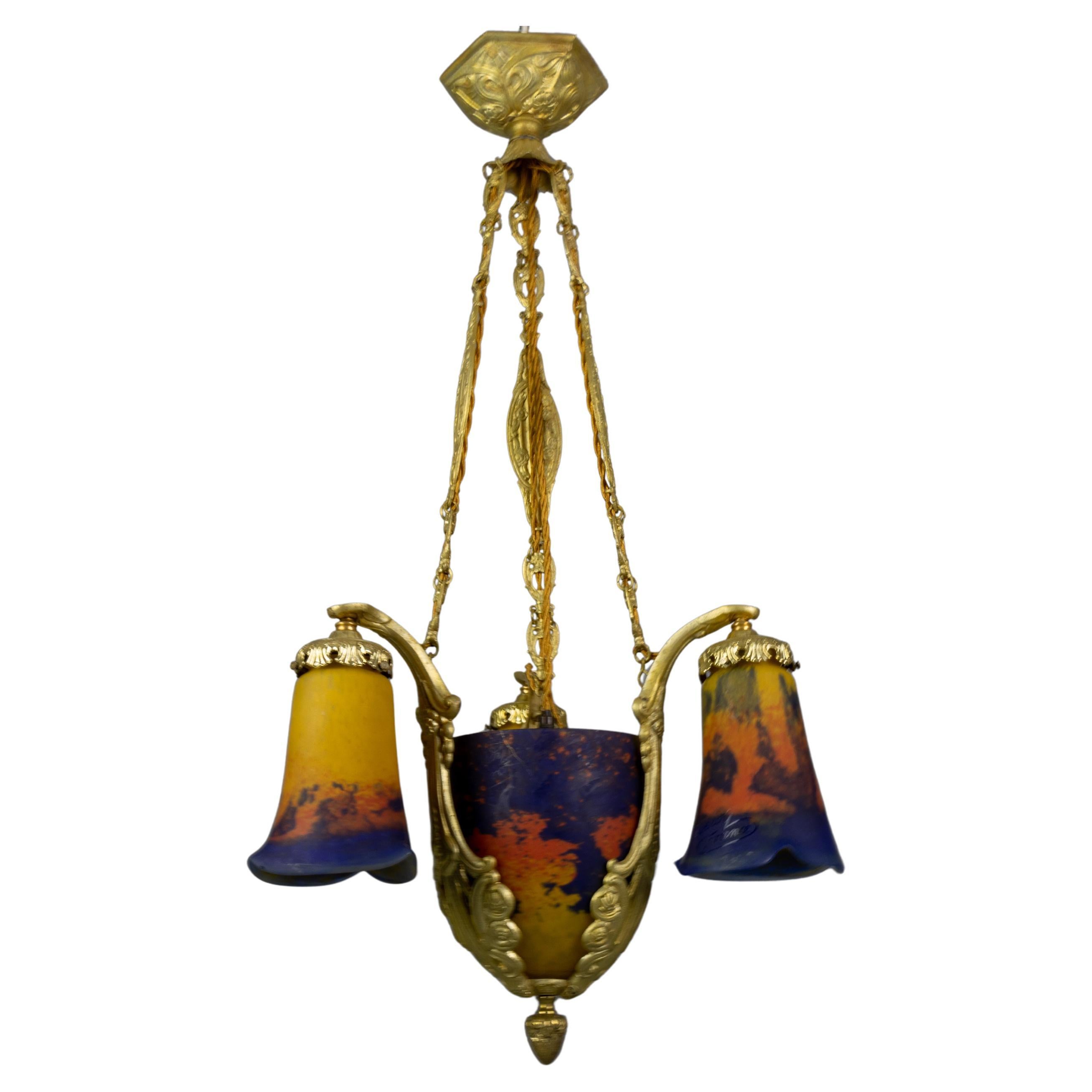 Art Deco Pâte de Verre Glass and Bronze Four-Light Chandelier by Noverdy France For Sale