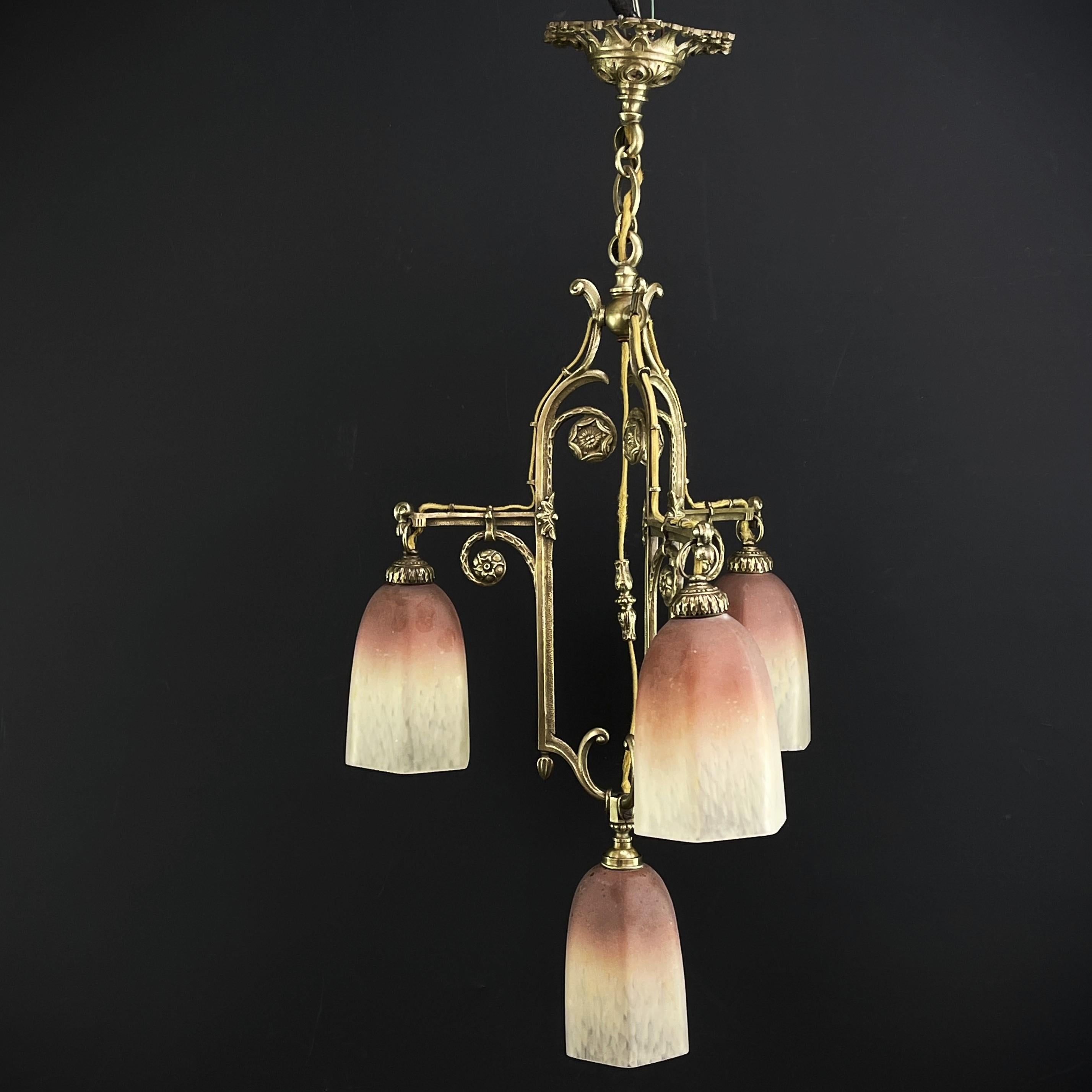 ART DECO Pate de Verre lampada a sospensione lampada da soffitto bronzo anni '30 in vendita 4