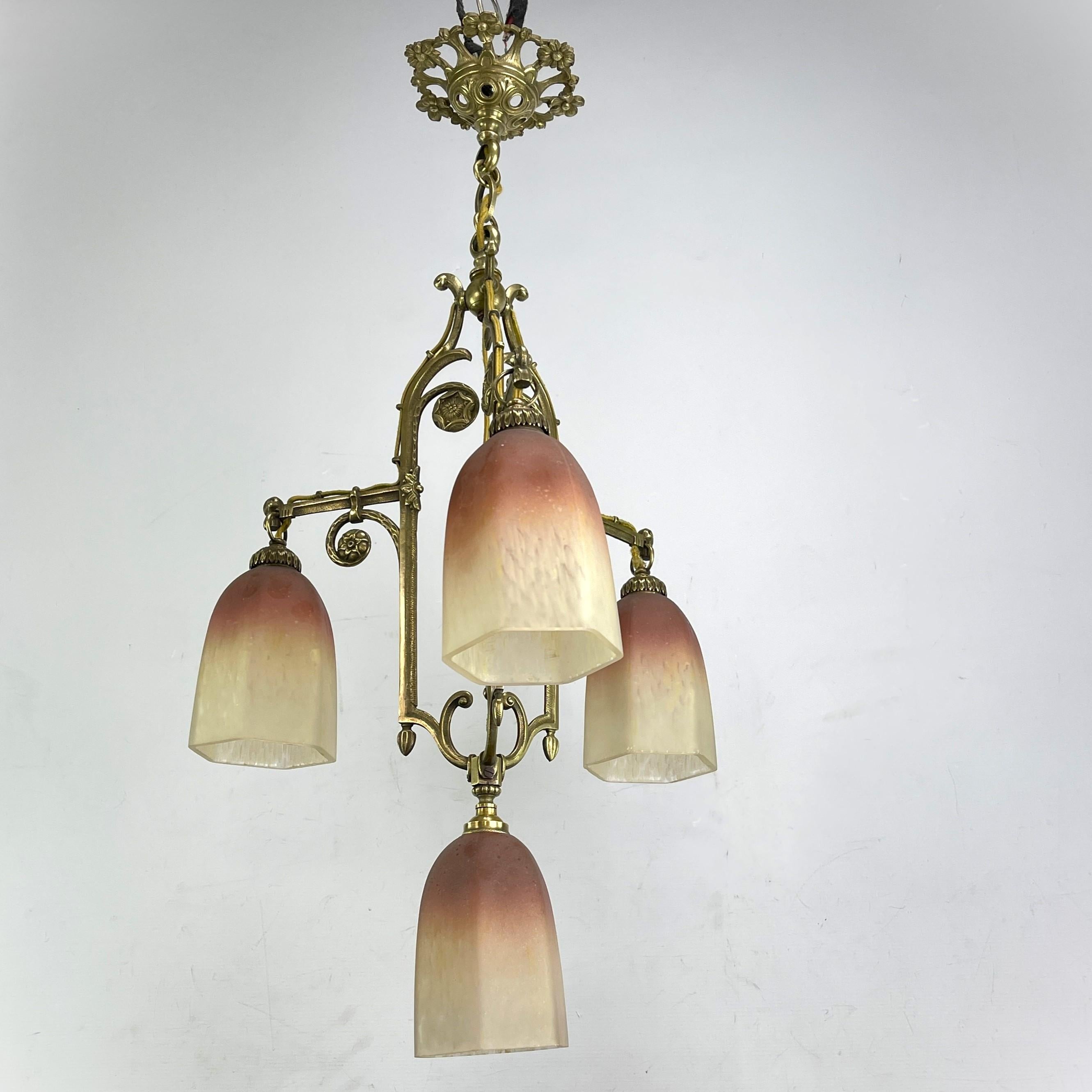 Art Déco ART DECO Pate de Verre lampada a sospensione lampada da soffitto bronzo anni '30 in vendita