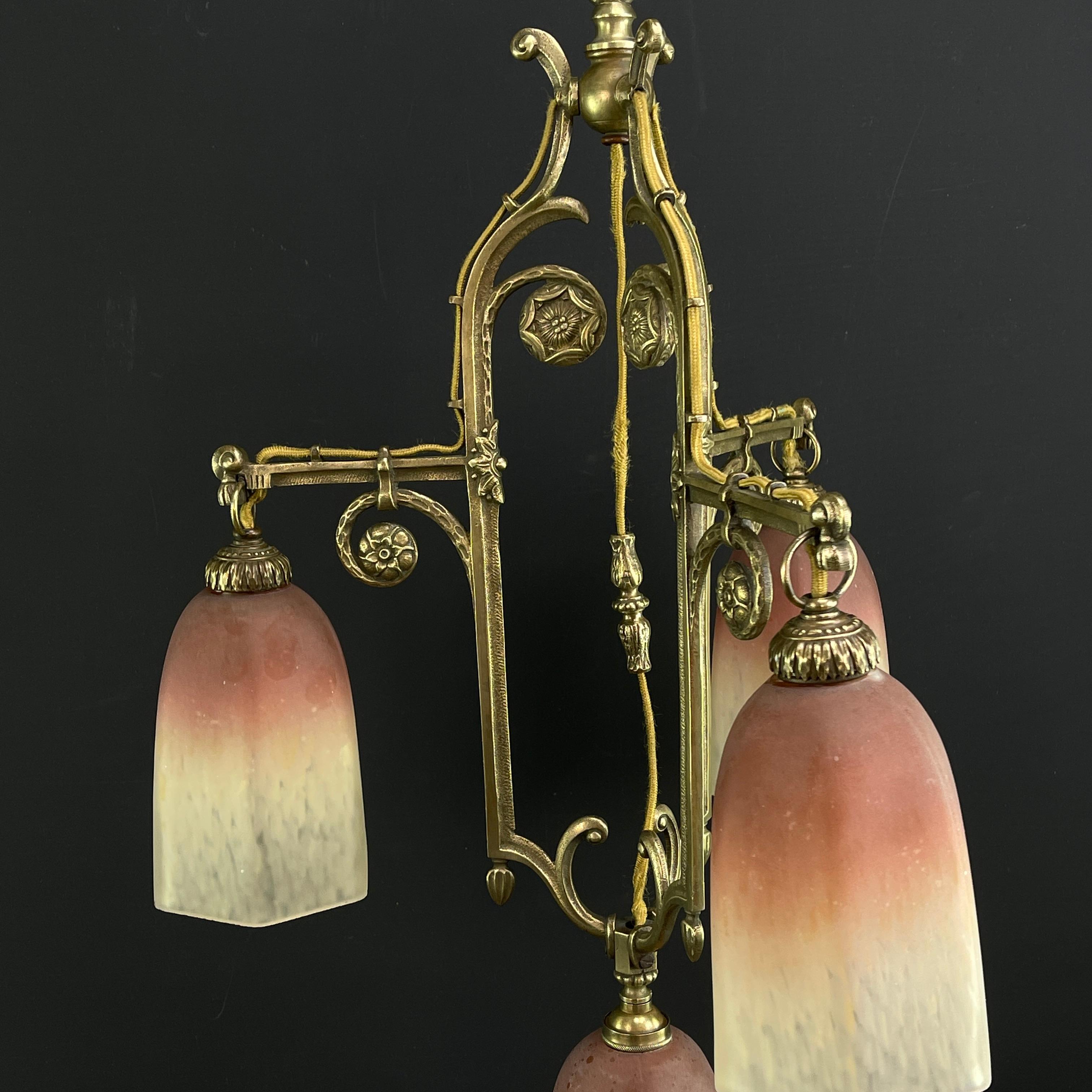 ART DECO Pate de Verre lampada a sospensione lampada da soffitto bronzo anni '30 in vendita 1