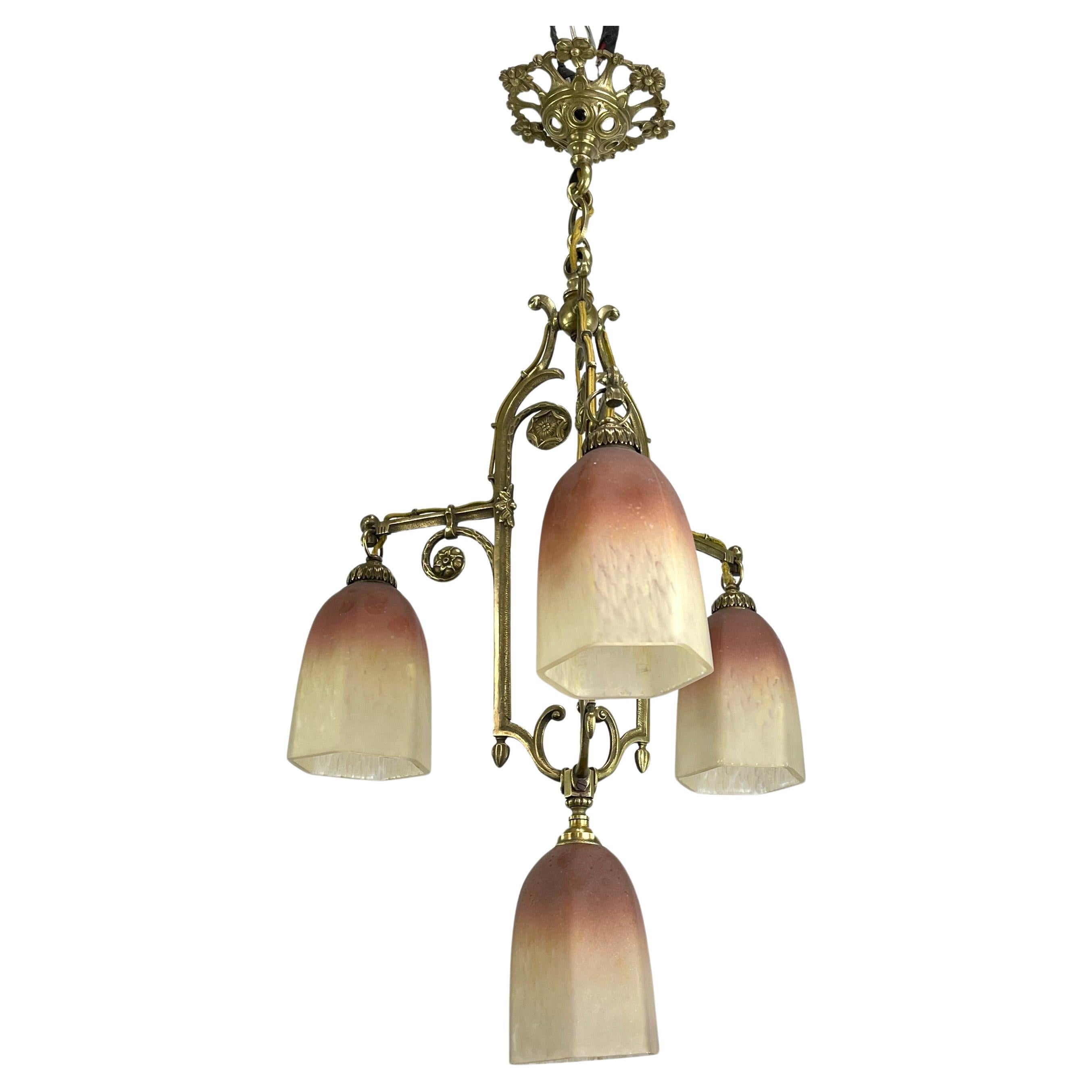 ART DECO Pate de Verre Hängeleuchte Deckenleuchte Bronze 1930er Jahre