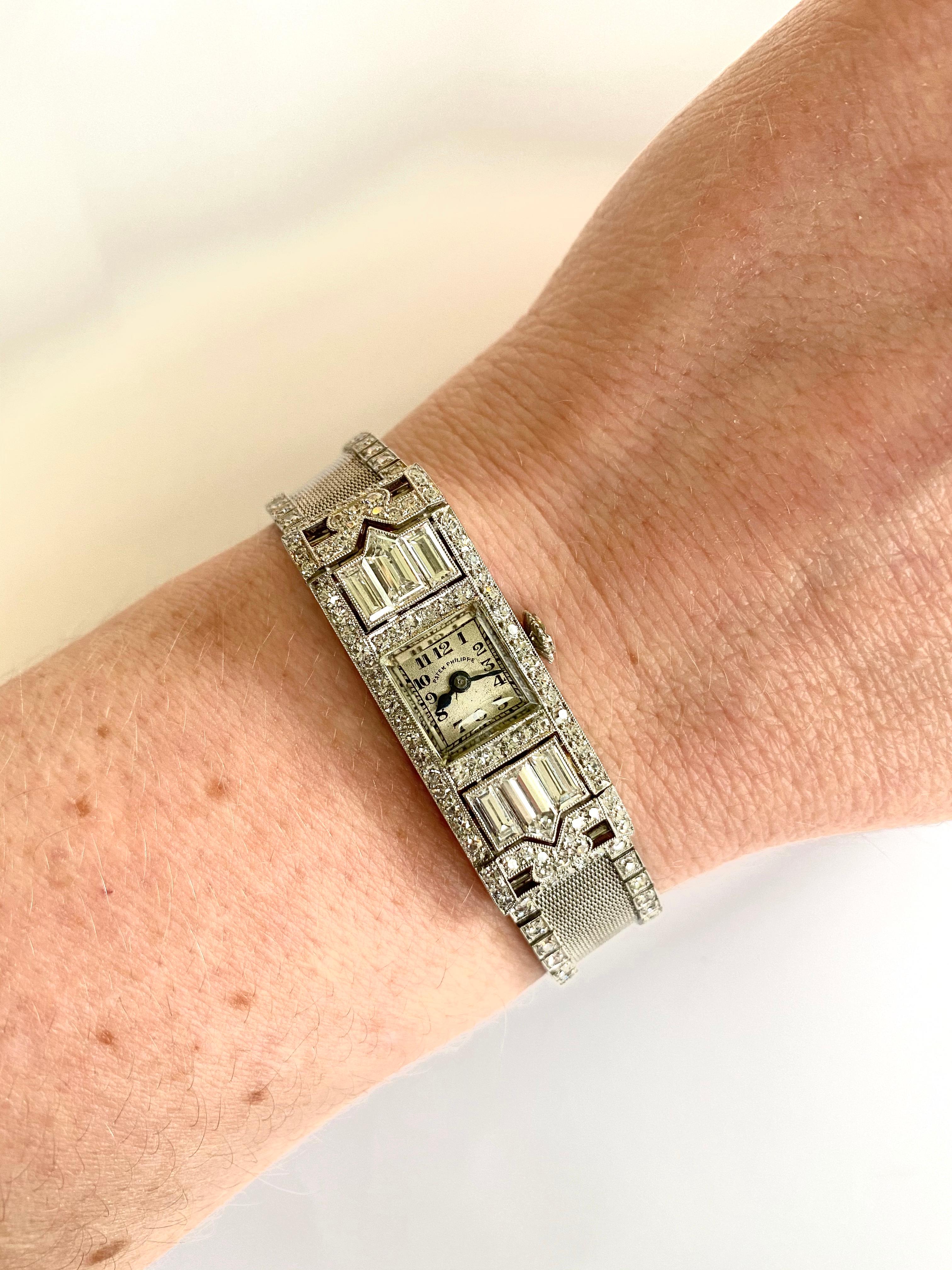 Art Deco Patek Philippe Platinum Mesh Diamond Ladies Dress Watch 13