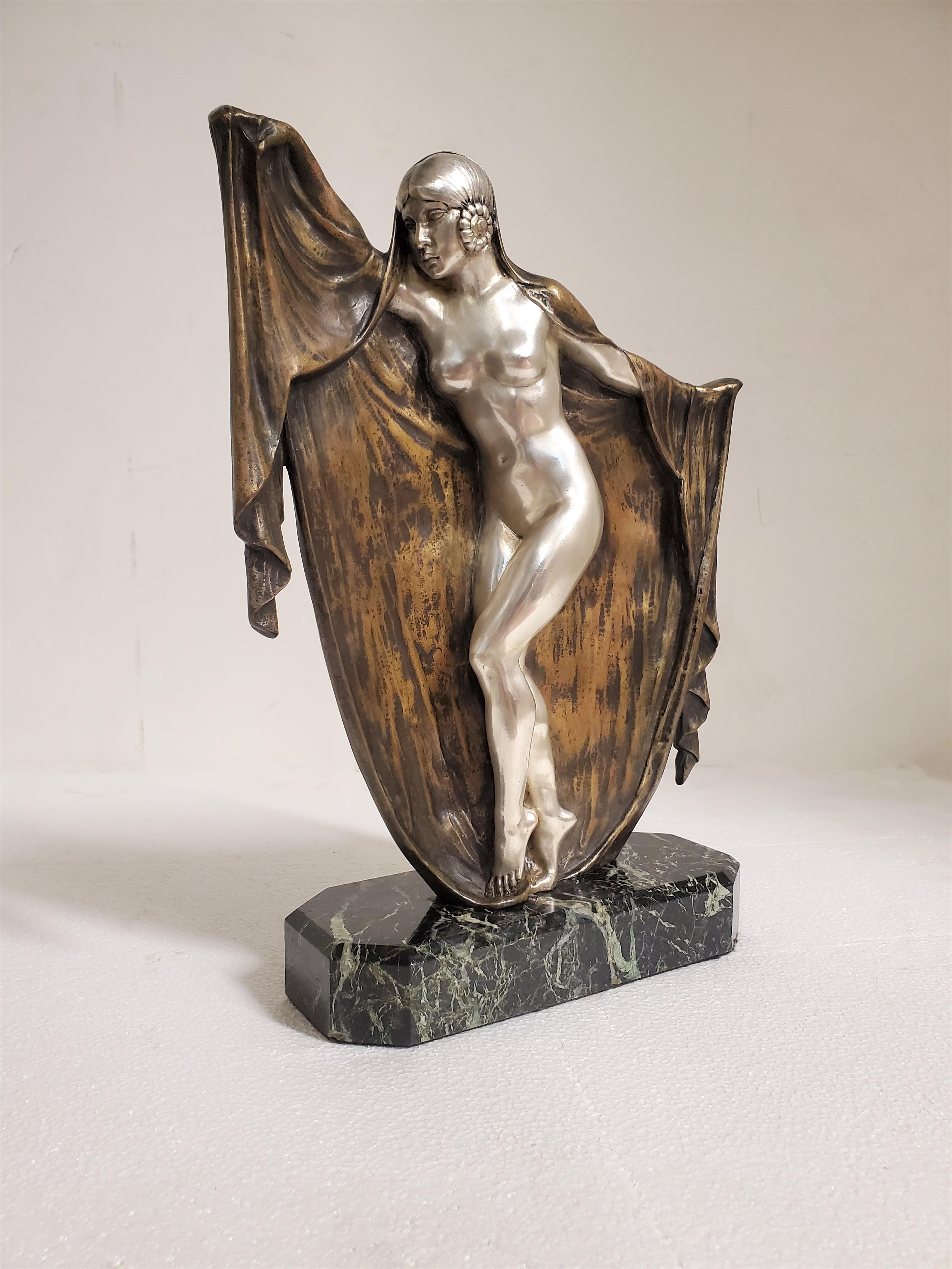 French Art Deco patinated and silvered bronze figure of a nude, by Armand Lémo  For Sale