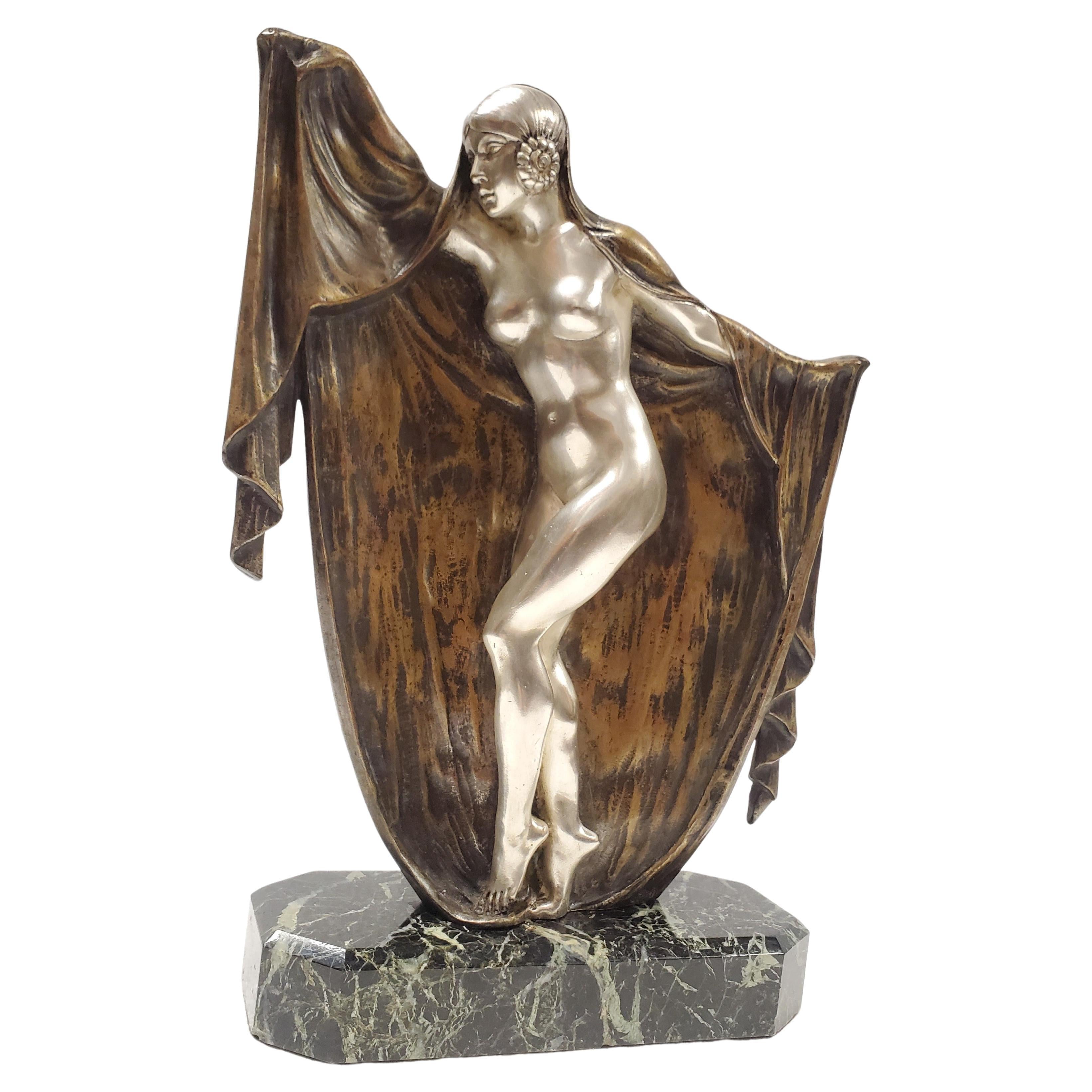 Art Deco patinated and silvered bronze figure of a nude, by Armand Lémo  For Sale