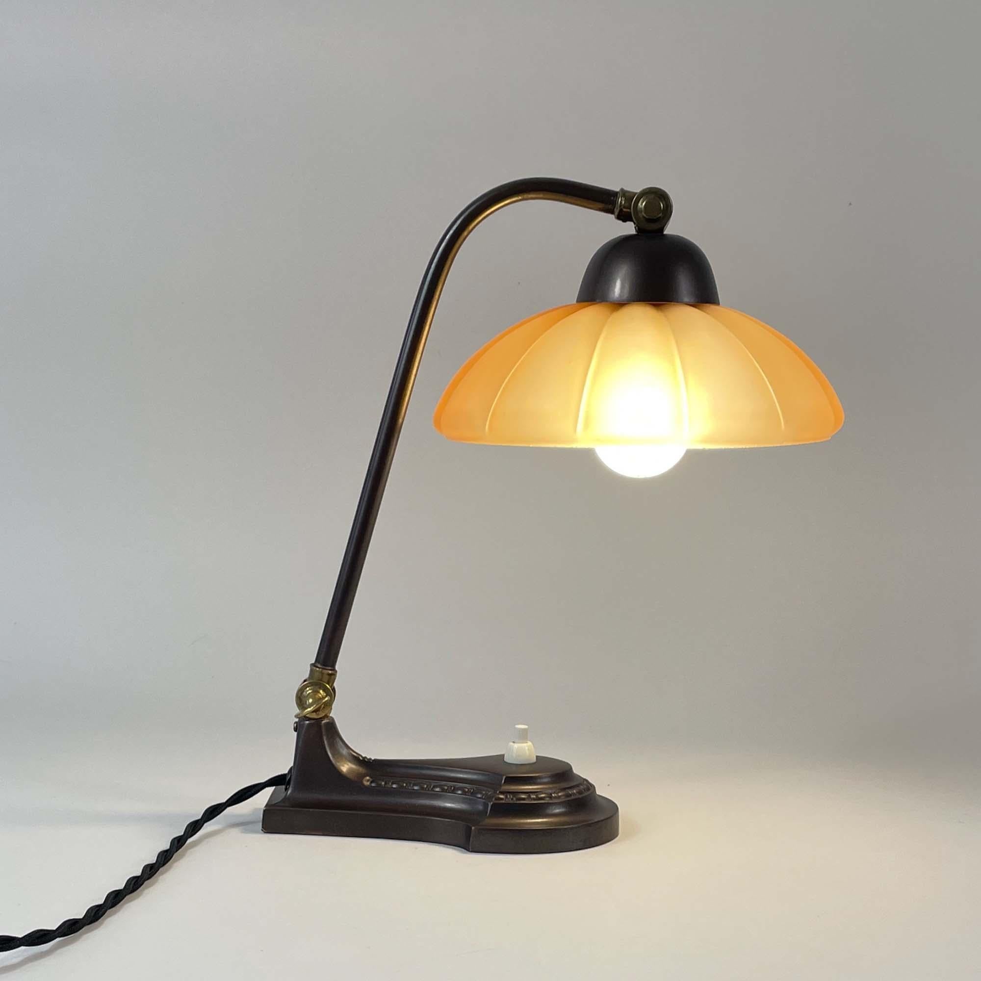 Art Deco Patinated Brass & Havanna Glass Table Lamp, Sweden 1930s 5