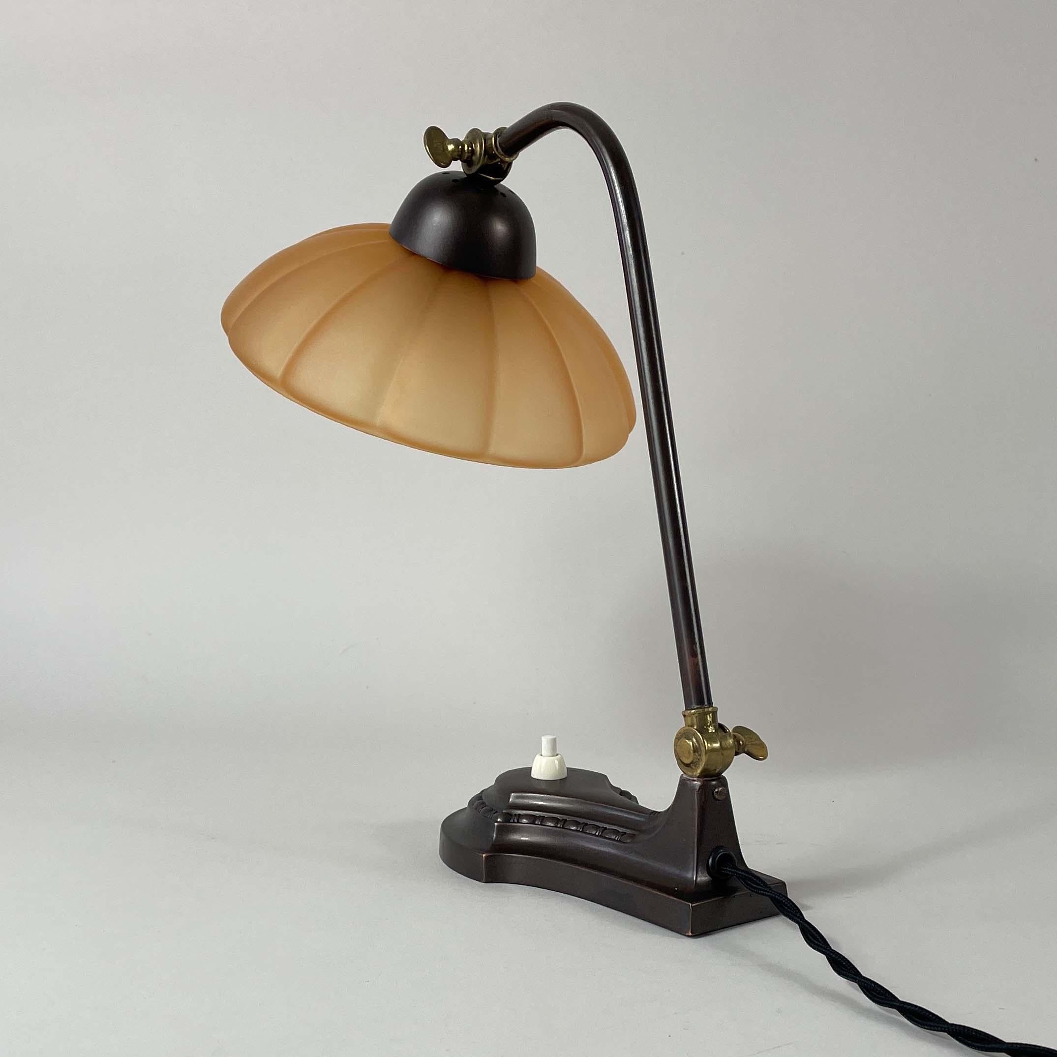 Art Deco Patinated Brass & Havanna Glass Table Lamp, Sweden 1930s 7