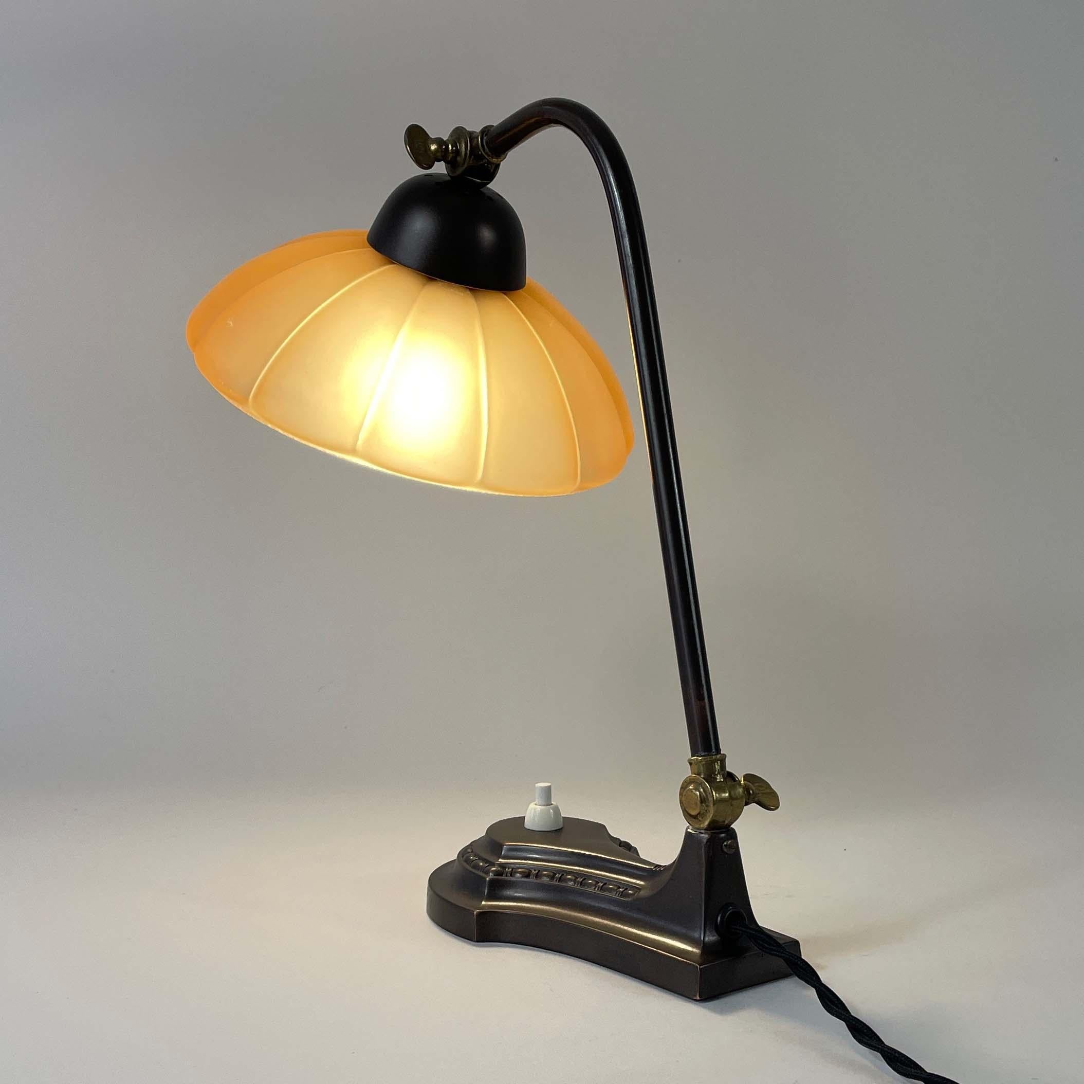 Art Deco Patinated Brass & Havanna Glass Table Lamp, Sweden 1930s 8