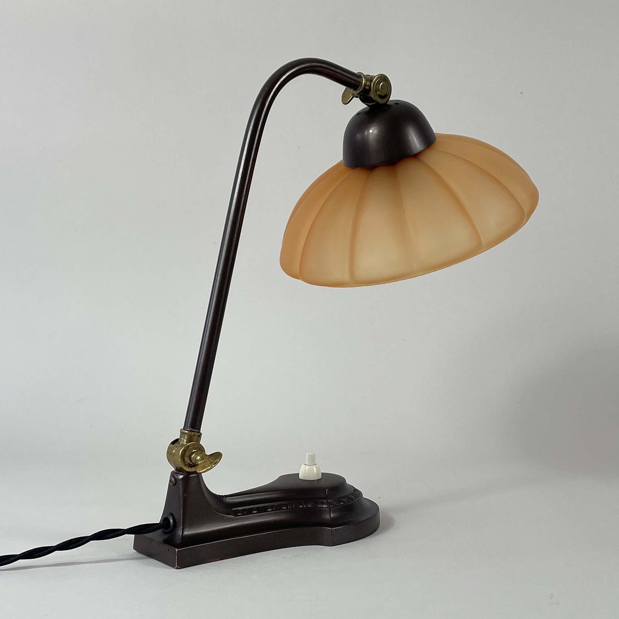 Art Deco Patinated Brass & Havanna Glass Table Lamp, Sweden 1930s 9