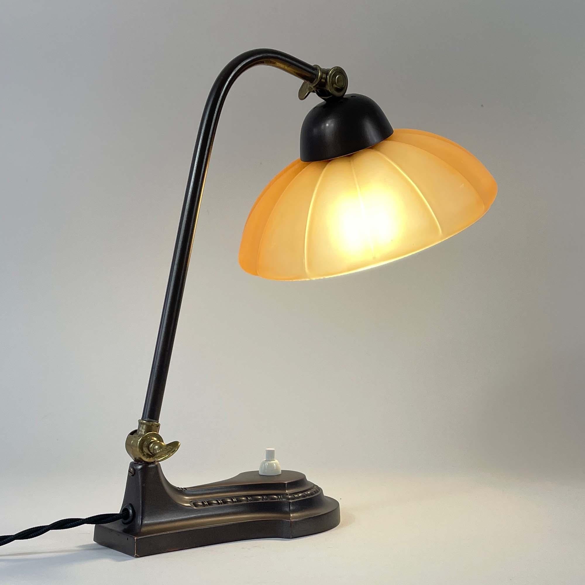 Art Deco Patinated Brass & Havanna Glass Table Lamp, Sweden 1930s 10
