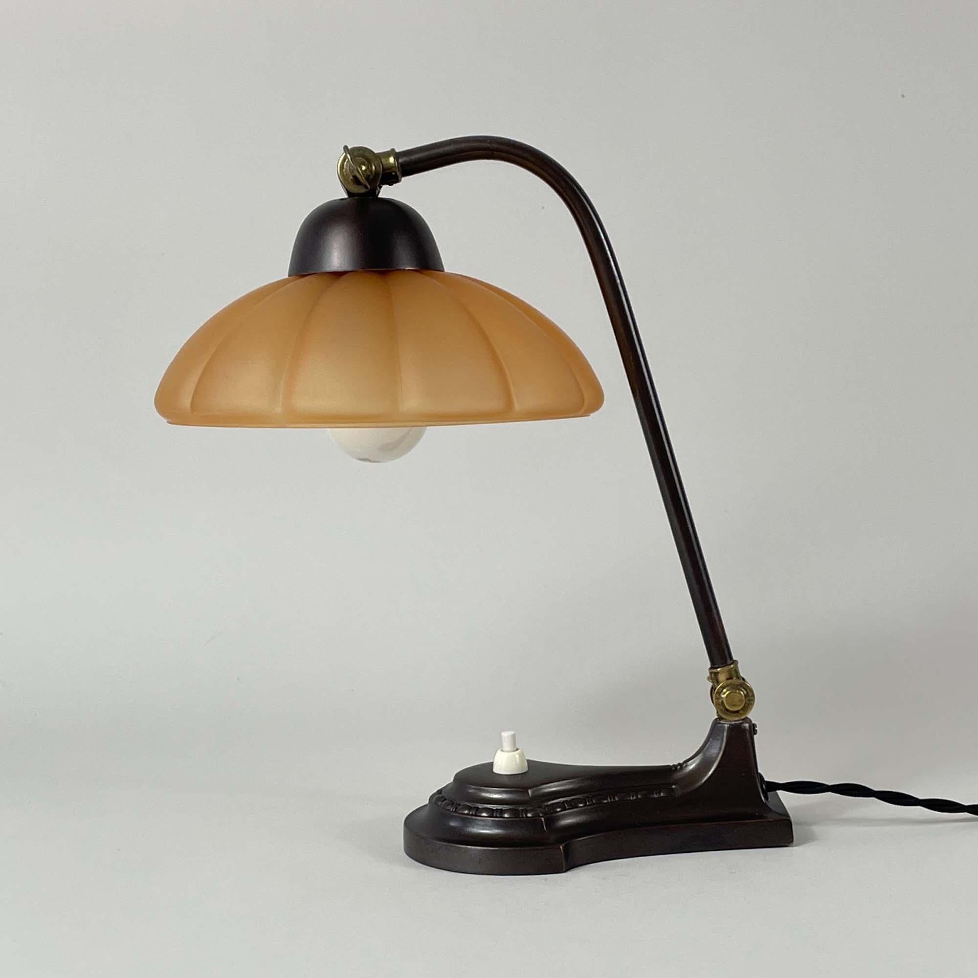 Art Deco Patinated Brass & Havanna Glass Table Lamp, Sweden 1930s 11