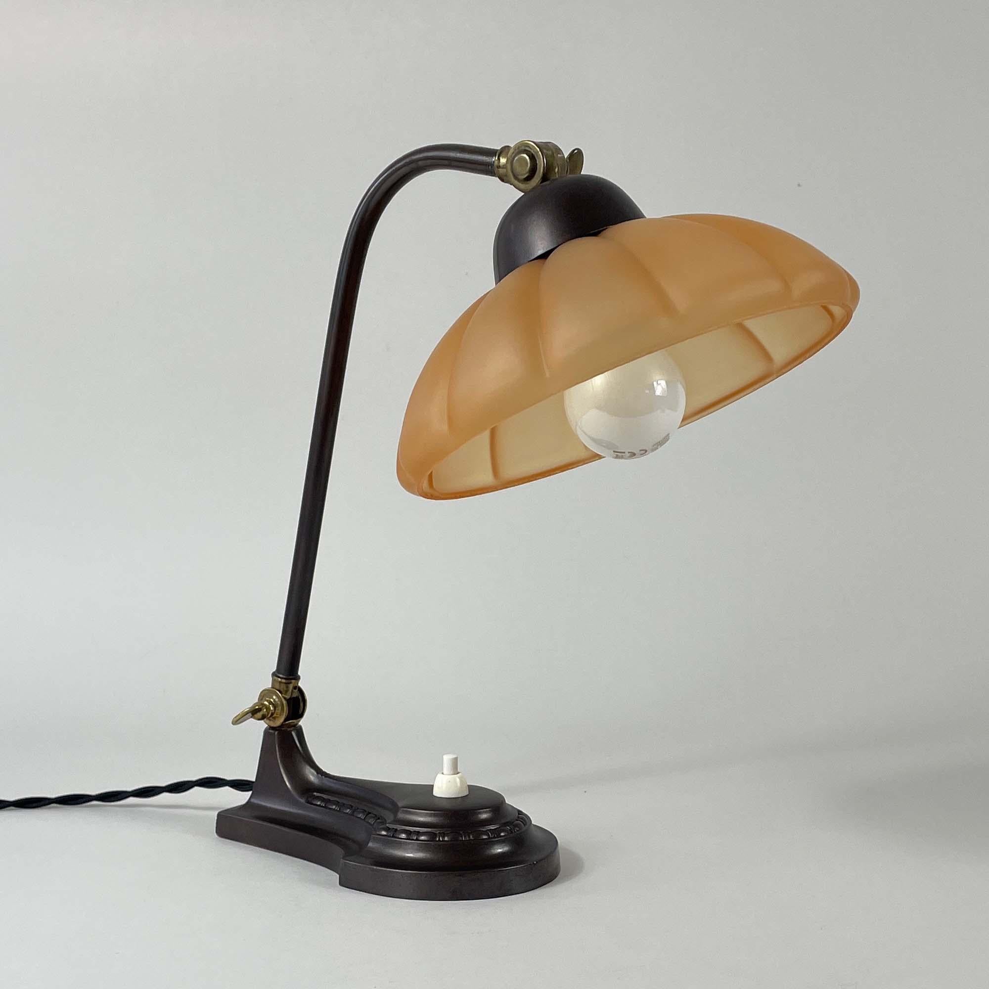 Art Deco Patinated Brass & Havanna Glass Table Lamp, Sweden 1930s 12
