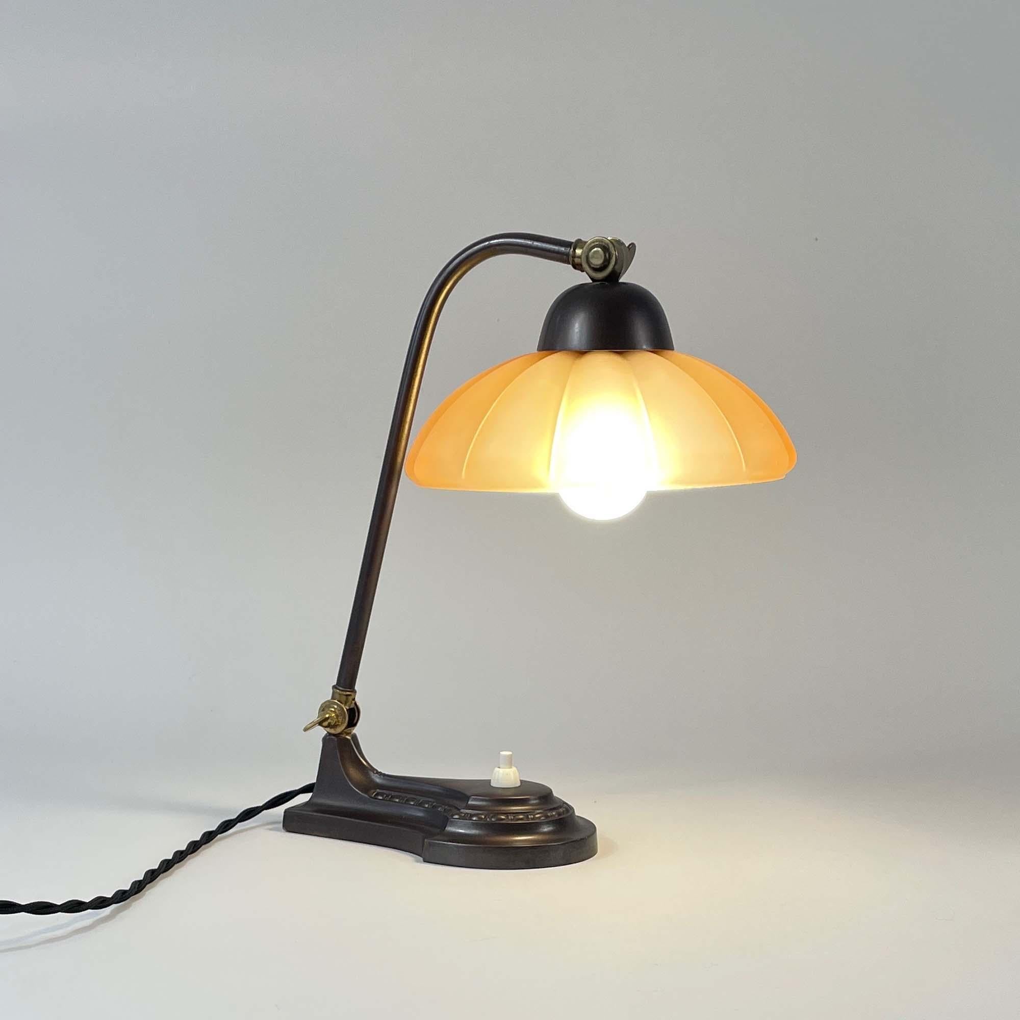 Swedish Art Deco Patinated Brass & Havanna Glass Table Lamp, Sweden 1930s