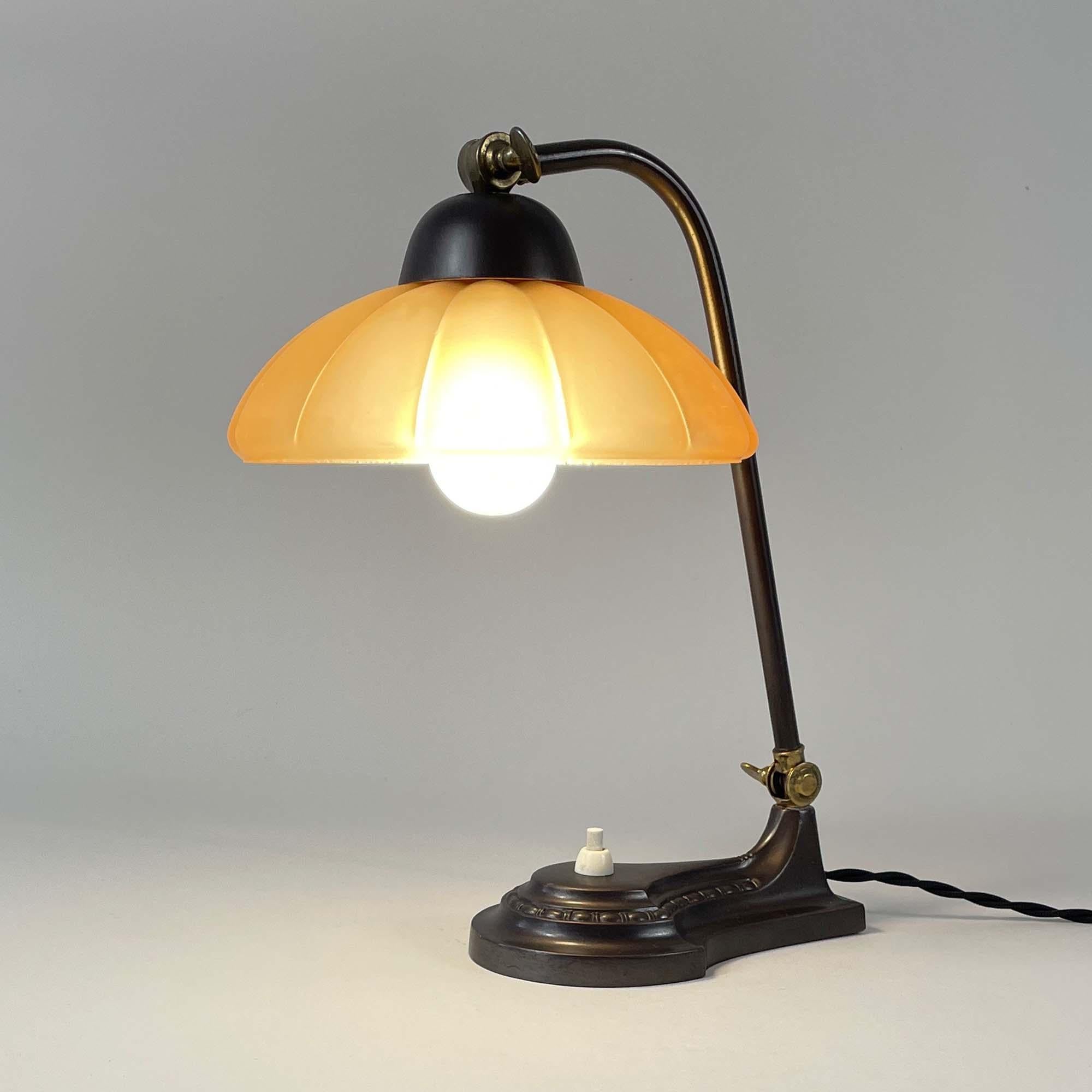Mid-20th Century Art Deco Patinated Brass & Havanna Glass Table Lamp, Sweden 1930s