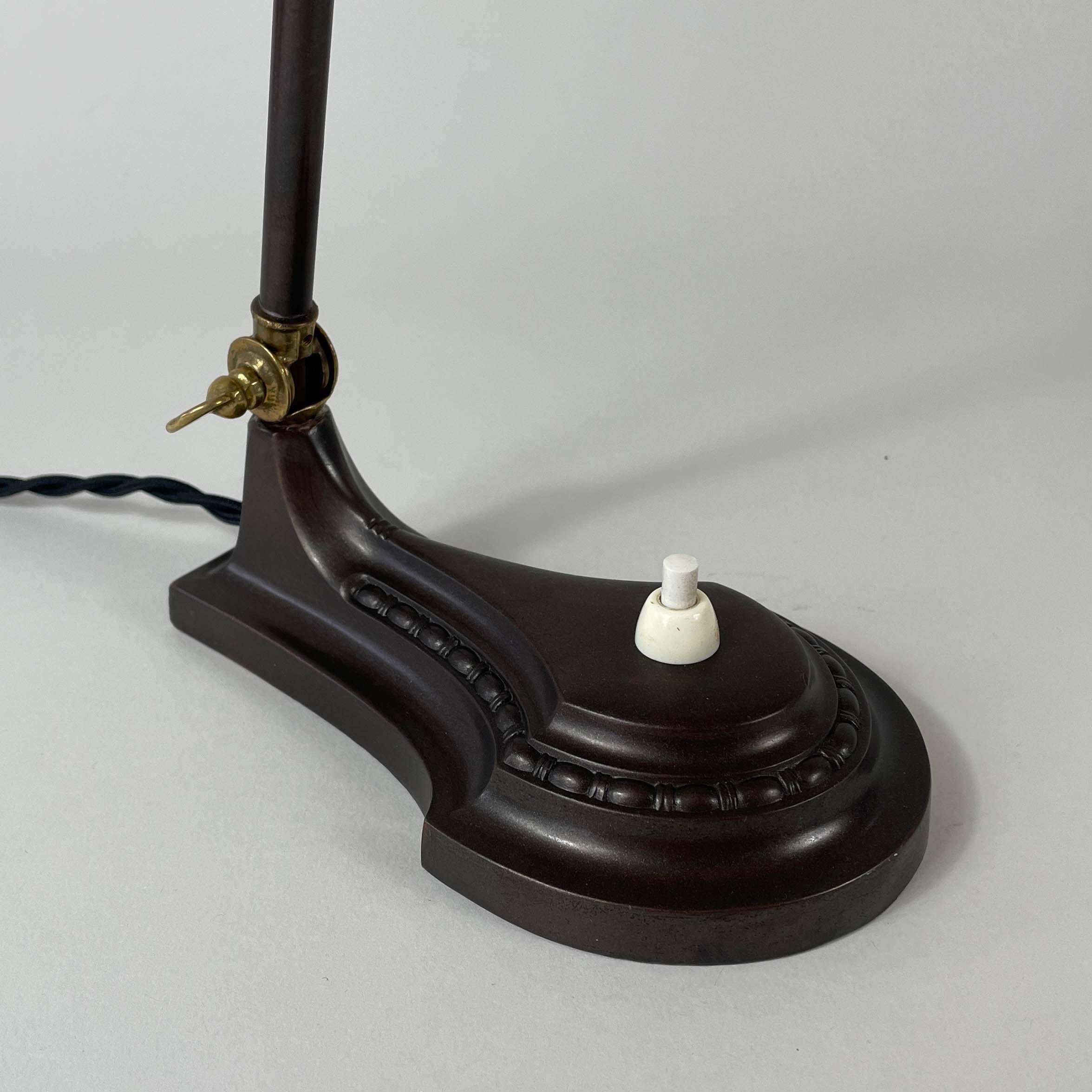 Art Deco Patinated Brass & Havanna Glass Table Lamp, Sweden 1930s 1