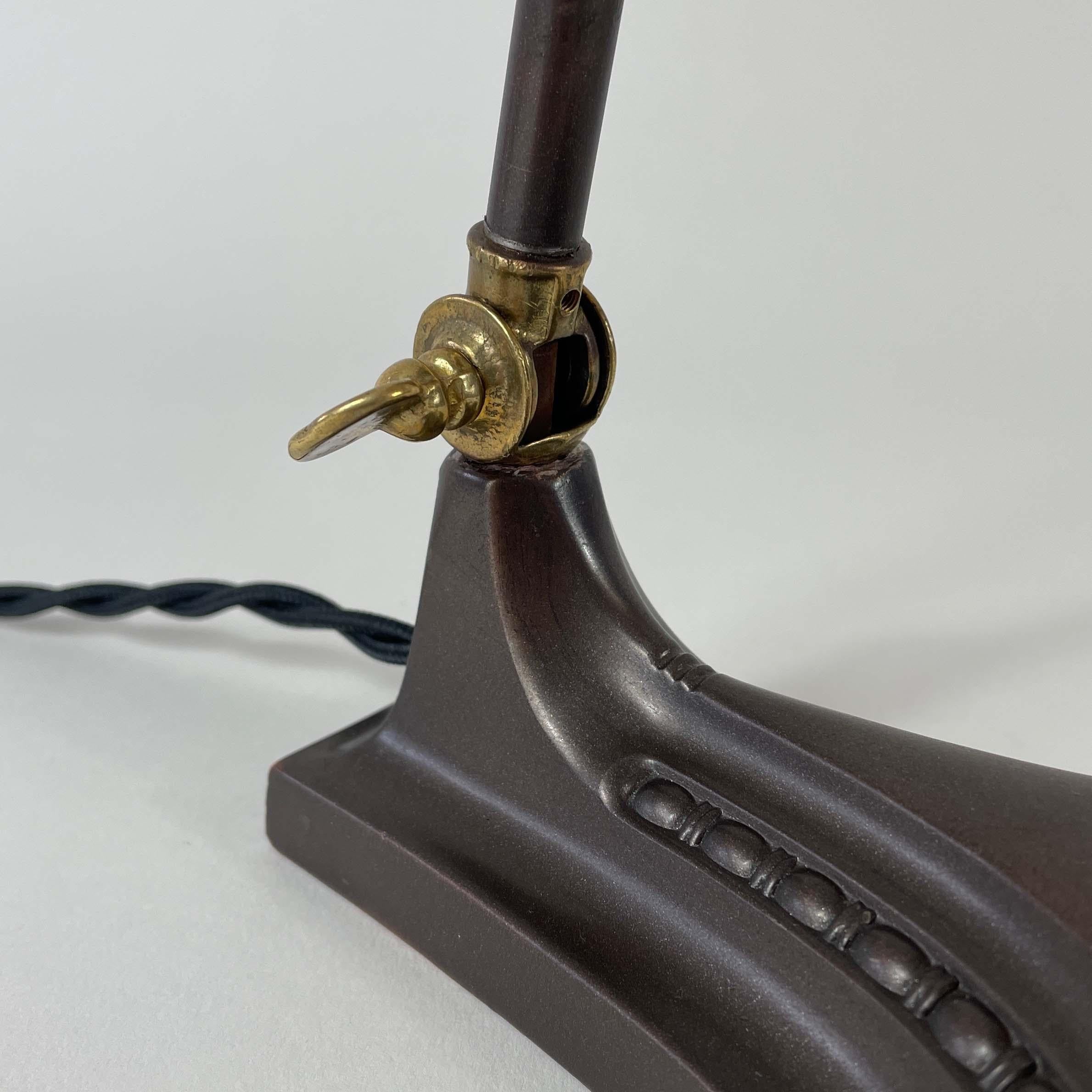 Art Deco Patinated Brass & Havanna Glass Table Lamp, Sweden 1930s 2
