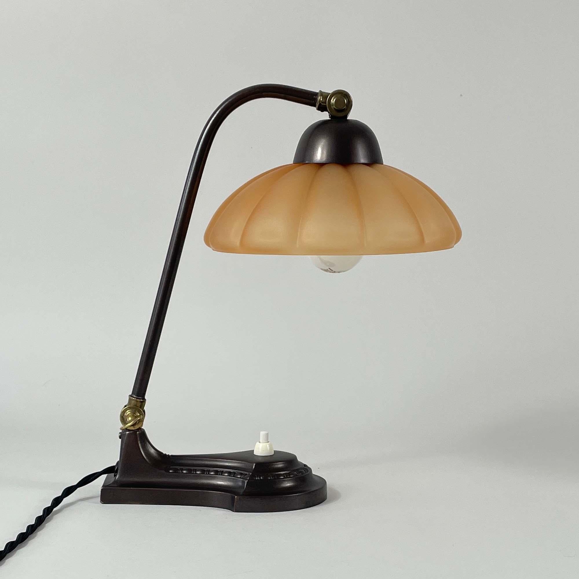 Art Deco Patinated Brass & Havanna Glass Table Lamp, Sweden 1930s 4