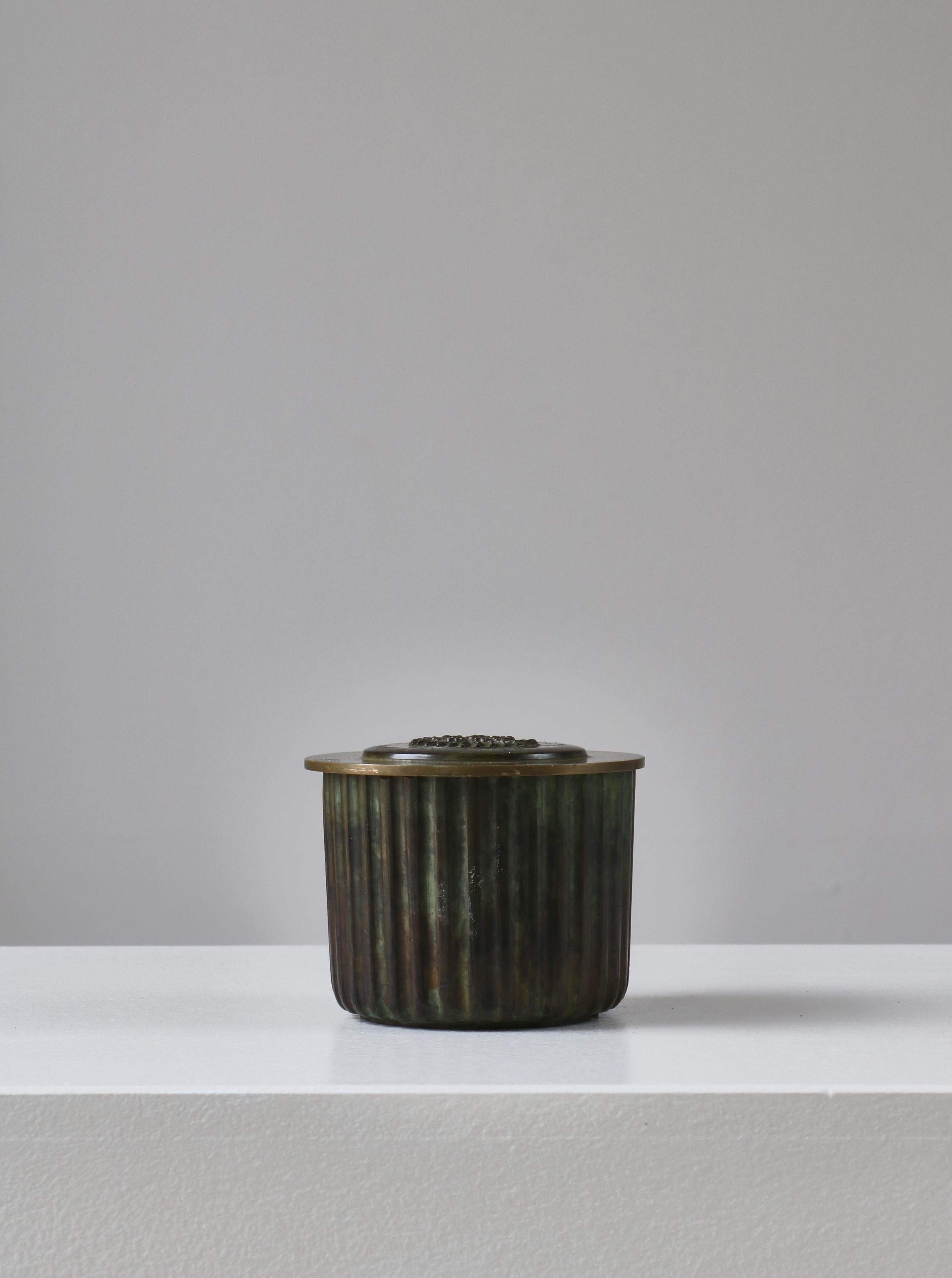 Bronze Art Deco Patinated Bronce Fluted Vase / Lidded Jar, Denmark, 1930s For Sale