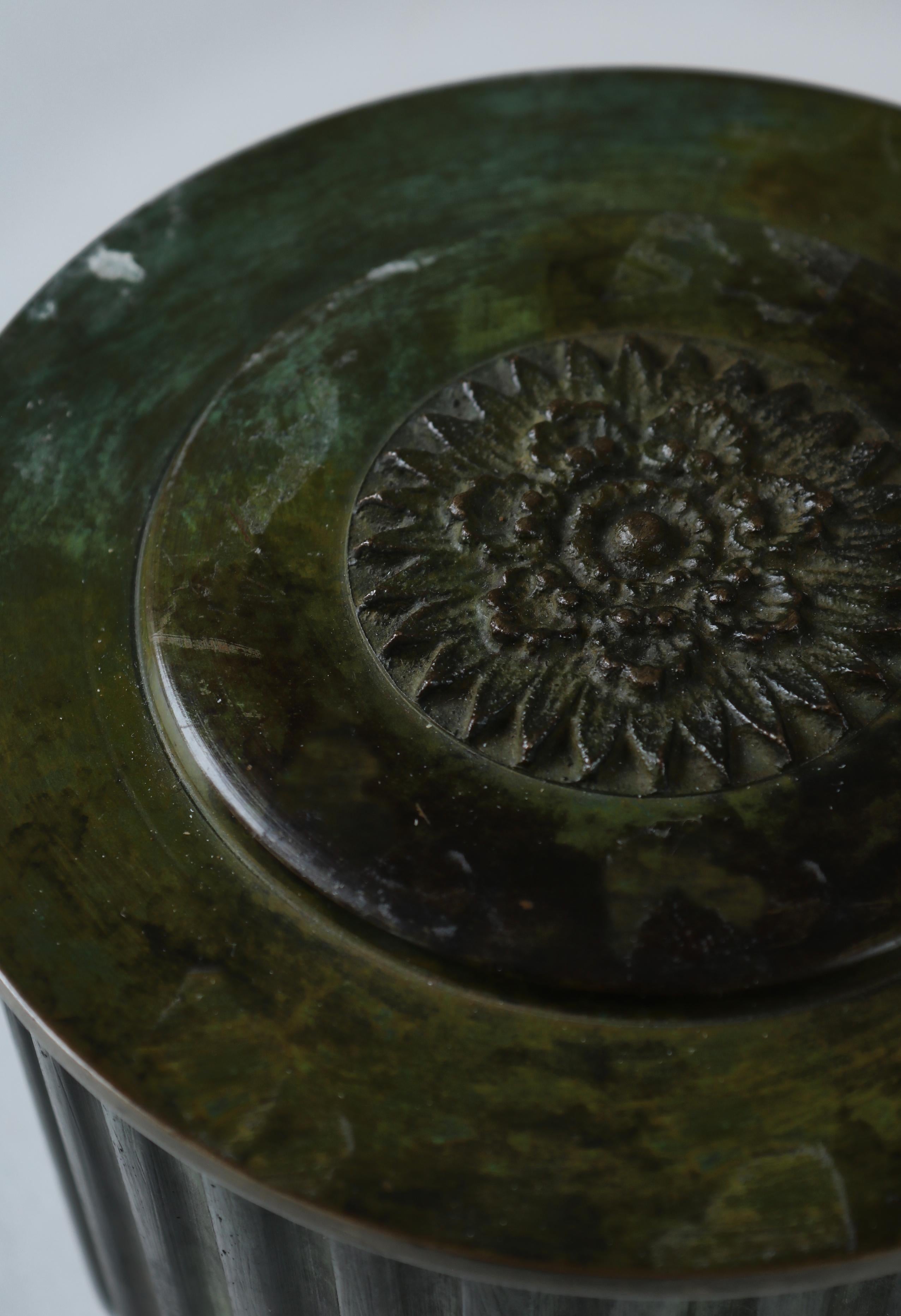 Art Deco Patinated Bronce Fluted Vase / Lidded Jar, Denmark, 1930s For Sale 3
