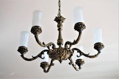 Lampadario a sei luci in bronzo patinato e vetro smerigliato Art Nouveau