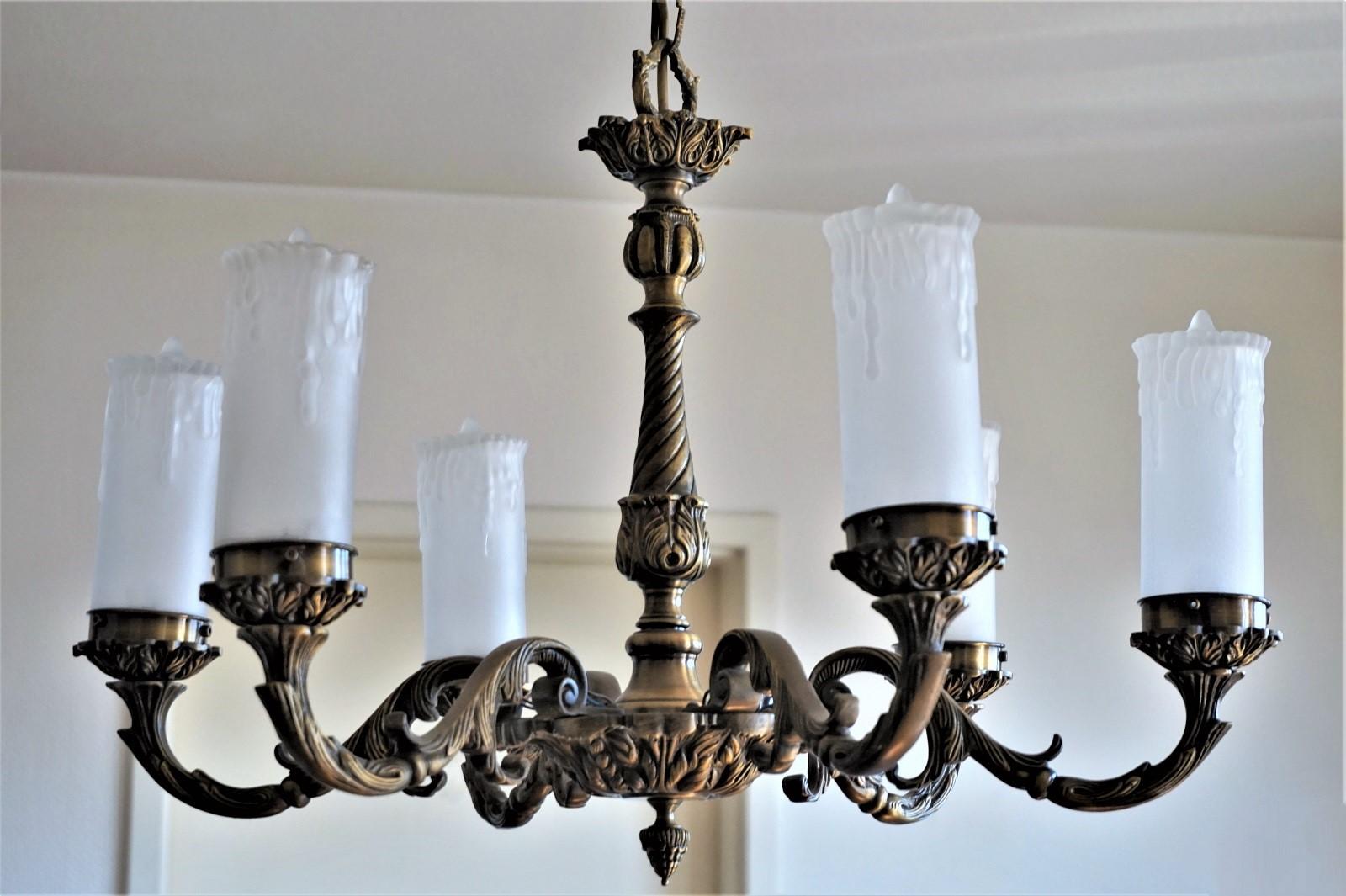 French Art Nouveau Patinated Bronze and Frosted Glass Six-Light Chandelie For Sale