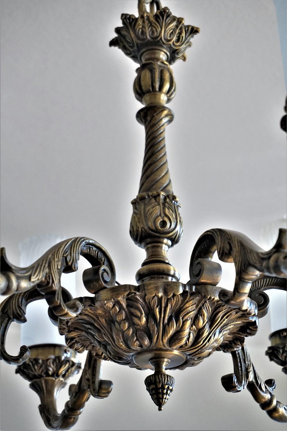 20th Century Art Nouveau Patinated Bronze and Frosted Glass Six-Light Chandelie For Sale