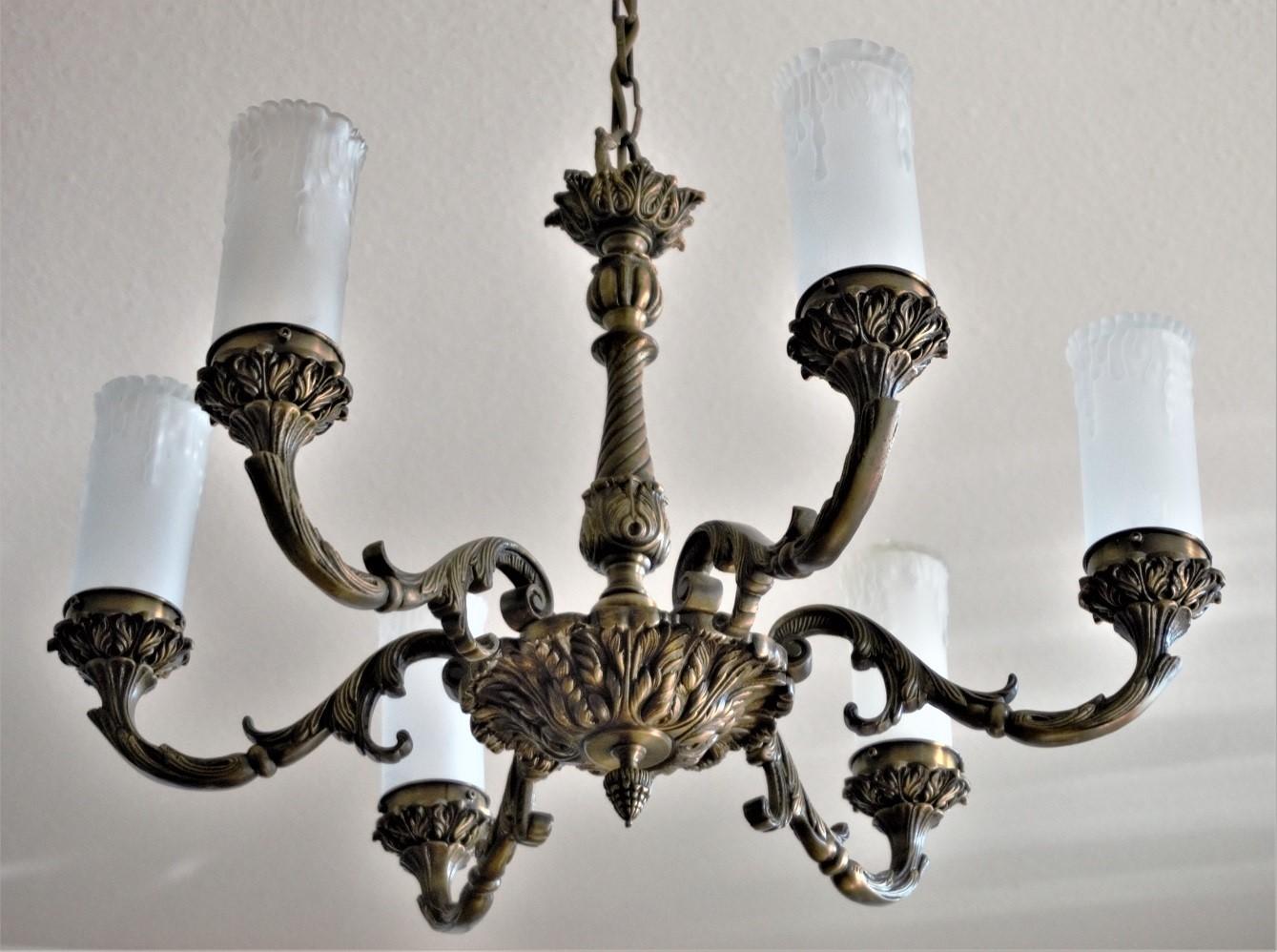 Art Nouveau Patinated Bronze and Frosted Glass Six-Light Chandelie For Sale 3