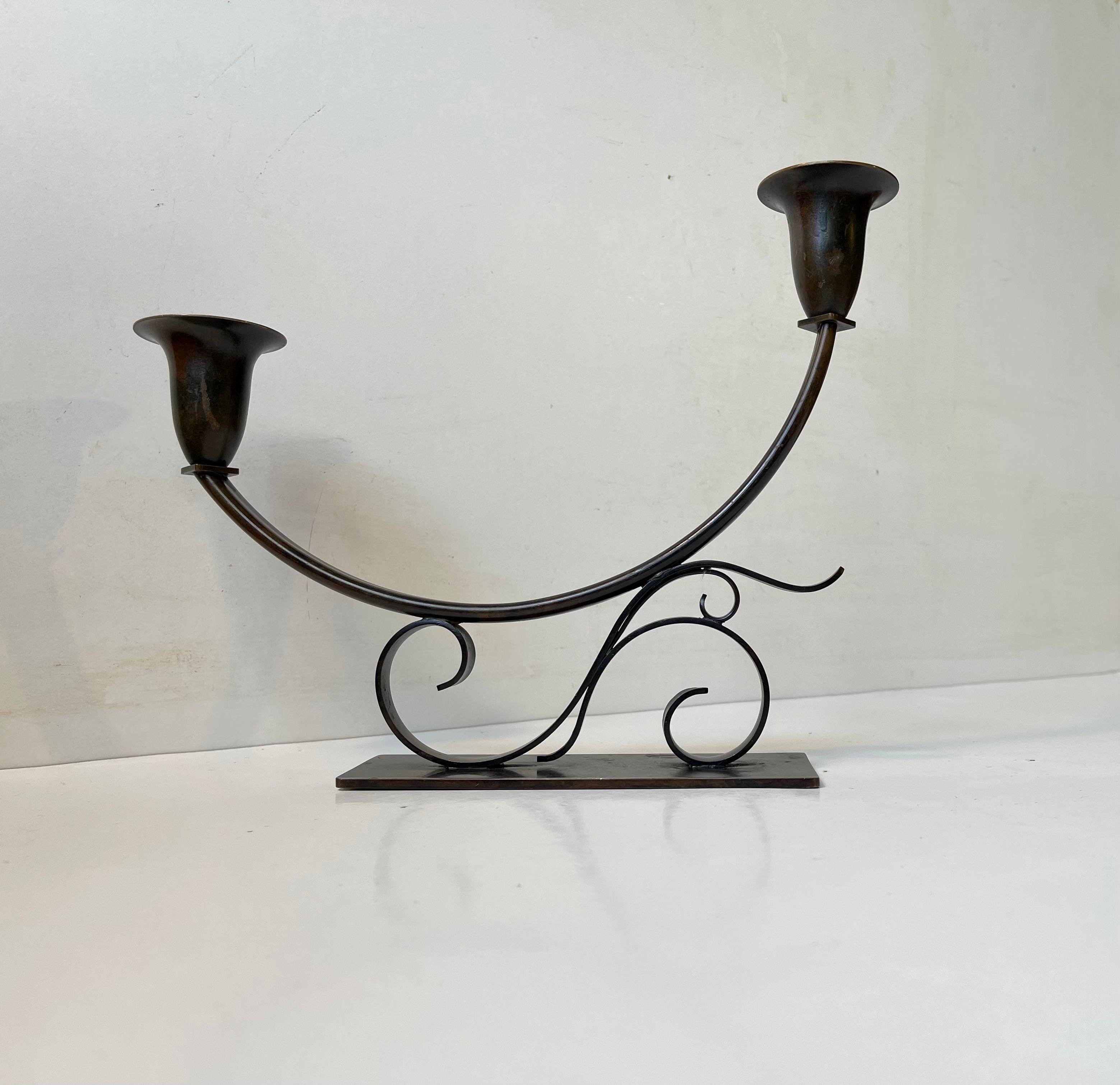 Art Deco Patinated Bronze Candle Holder by Holger Fredericia, 1930s In Good Condition For Sale In Esbjerg, DK
