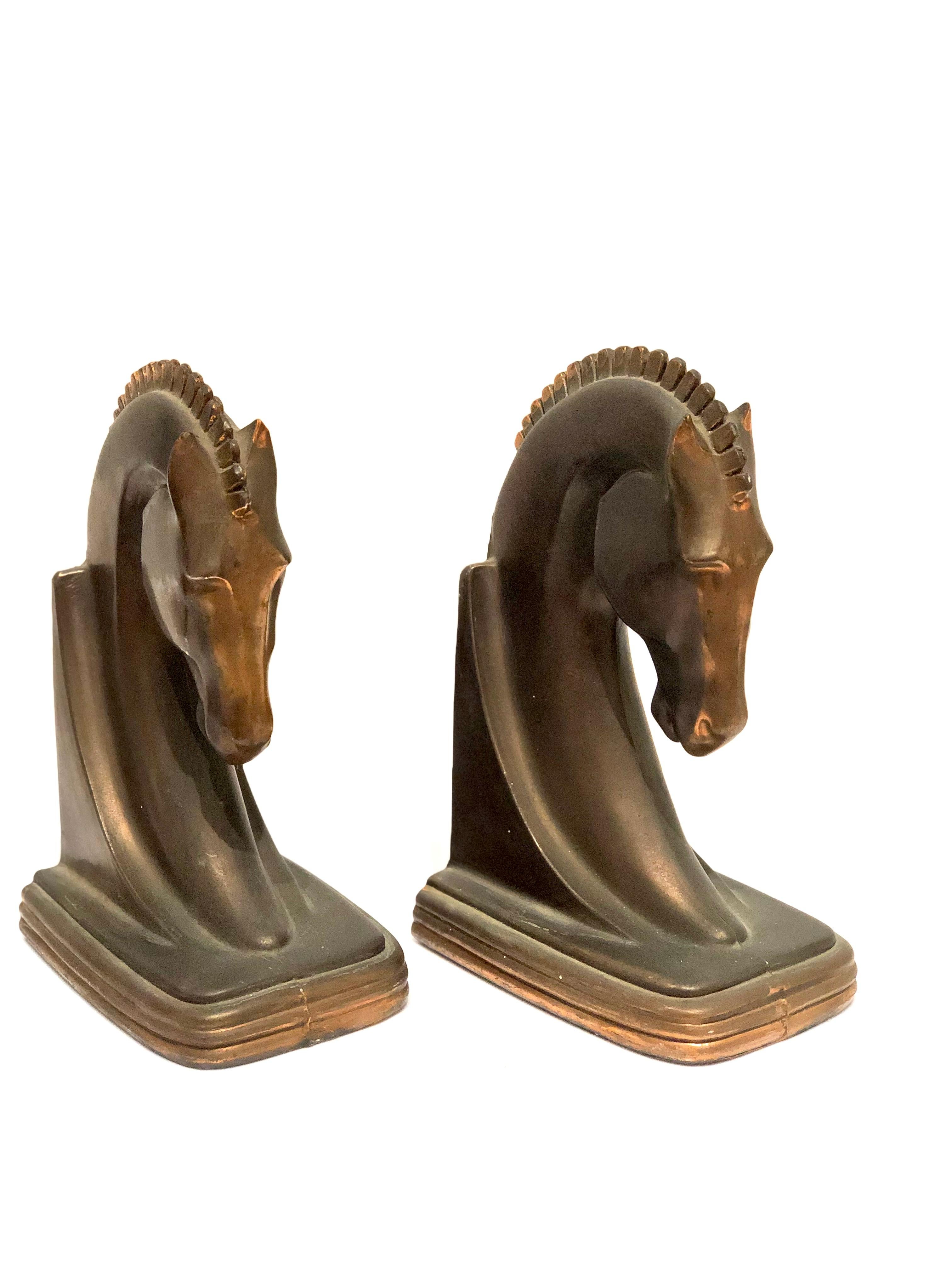 American Art Deco Patinated Bronze Finish Pair of Horse Bookends