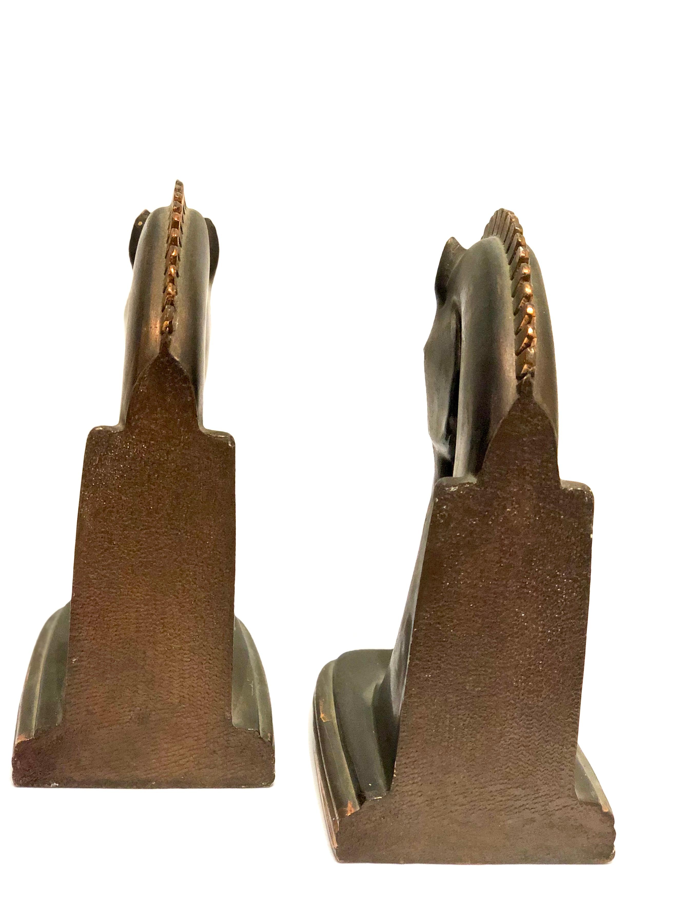 Art Deco Patinated Bronze Finish Pair of Horse Bookends In Fair Condition In San Diego, CA