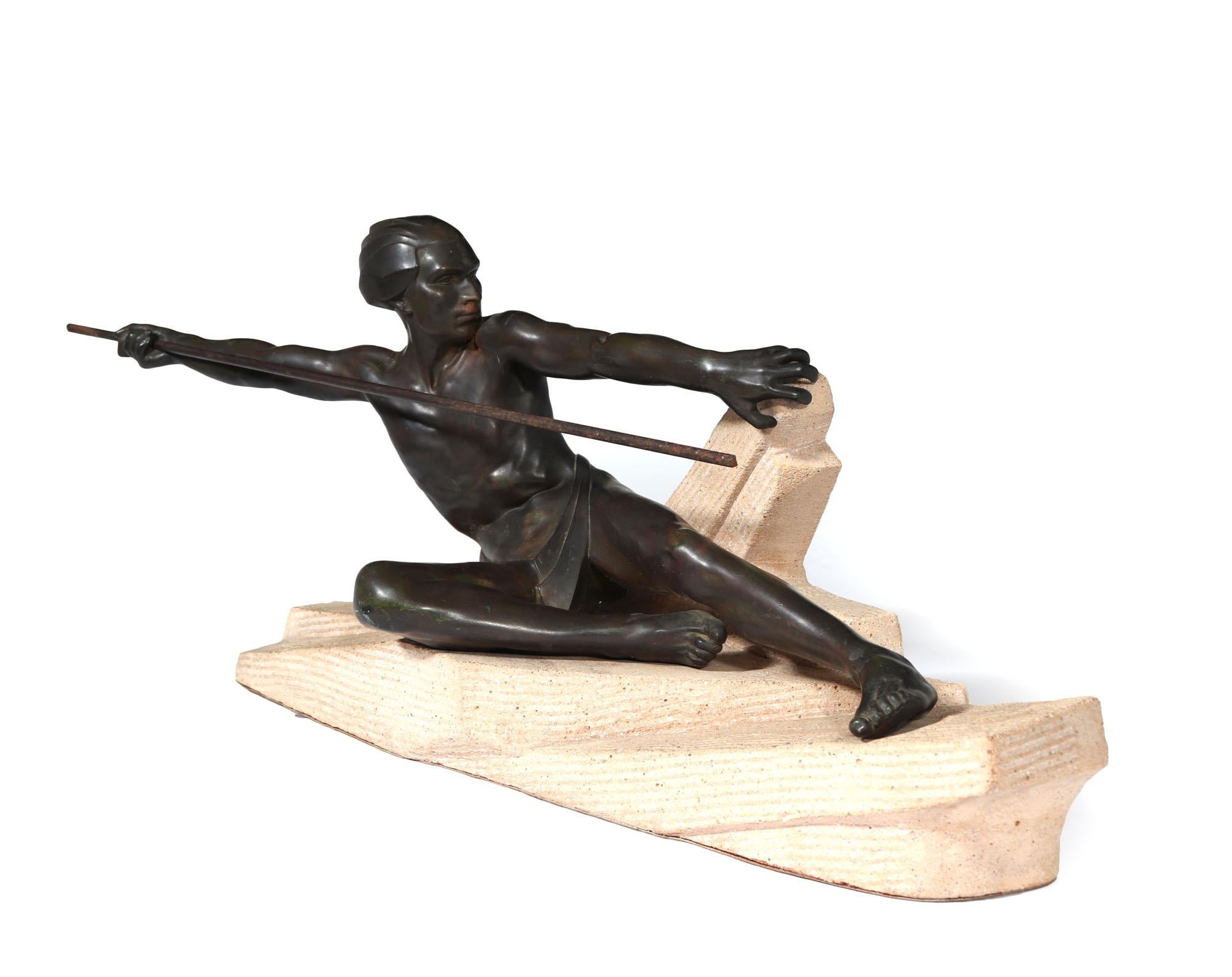 French Art Deco Patinated Bronze Hunter by Max Le Verrier For Sale