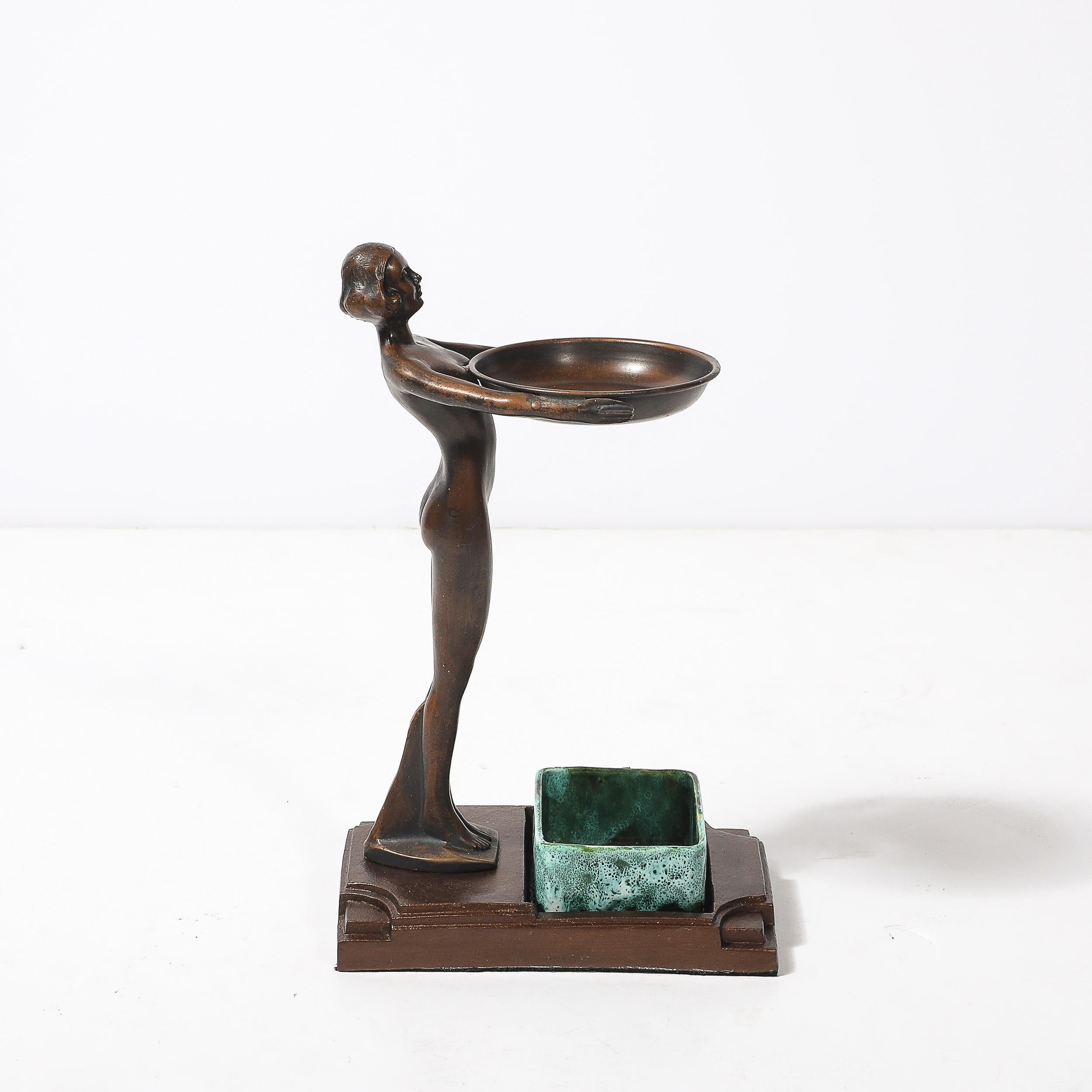 Art Deco Patinated Bronze, Olive Green & Jade Ceramic Smoking Stand by FrankArts For Sale 5
