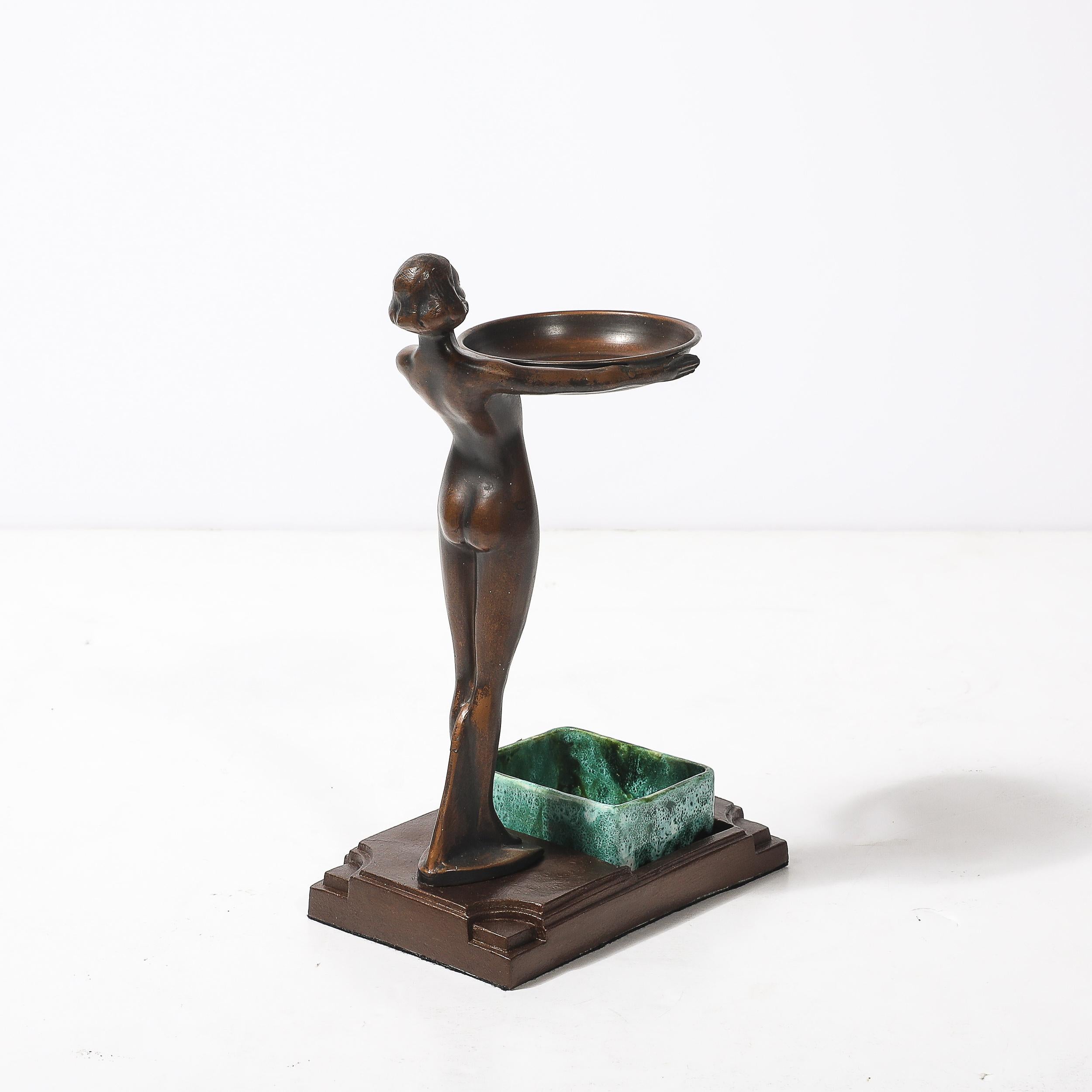 Art Deco Patinated Bronze, Olive Green & Jade Ceramic Smoking Stand by FrankArts For Sale 6