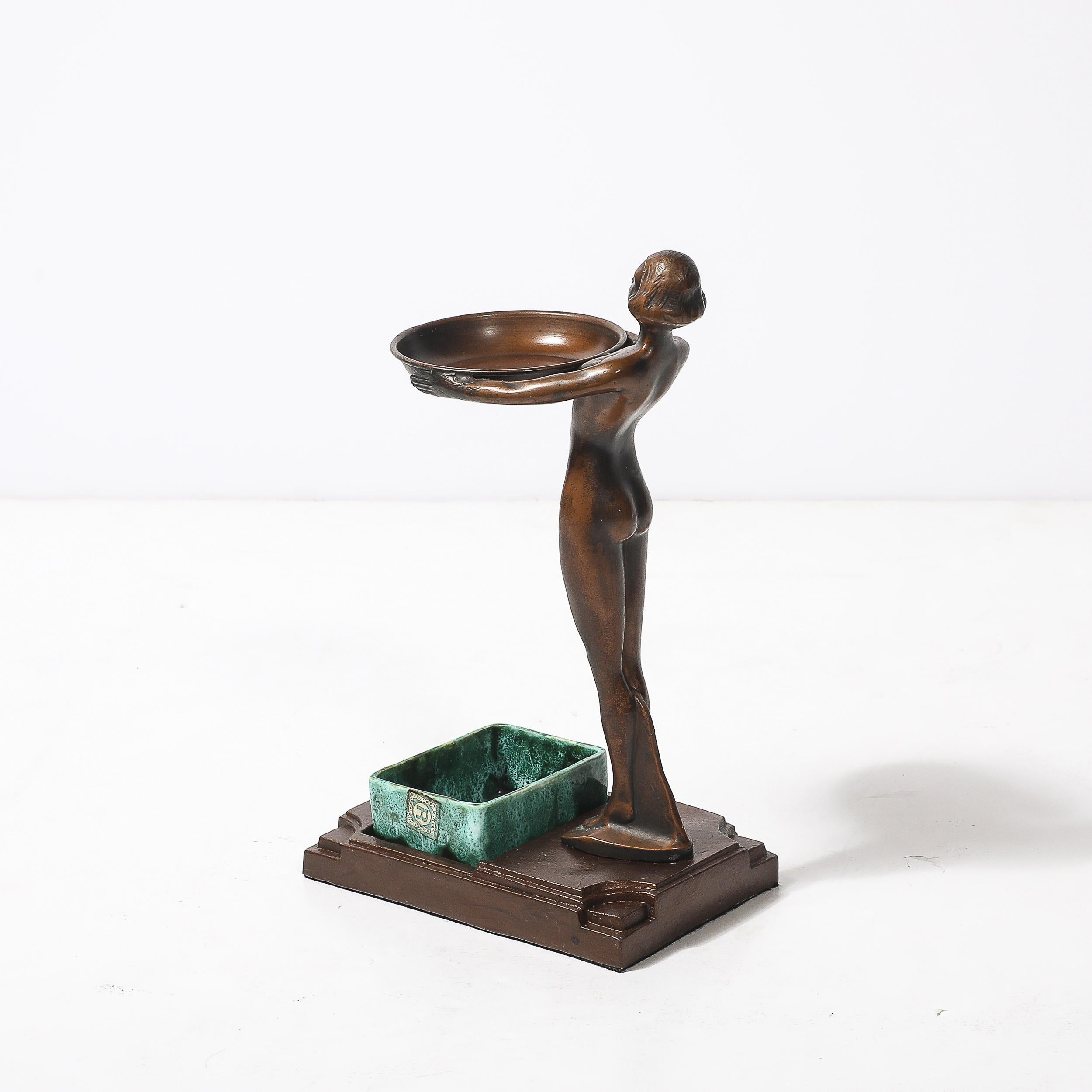 Art Deco Patinated Bronze, Olive Green & Jade Ceramic Smoking Stand by FrankArts For Sale 7