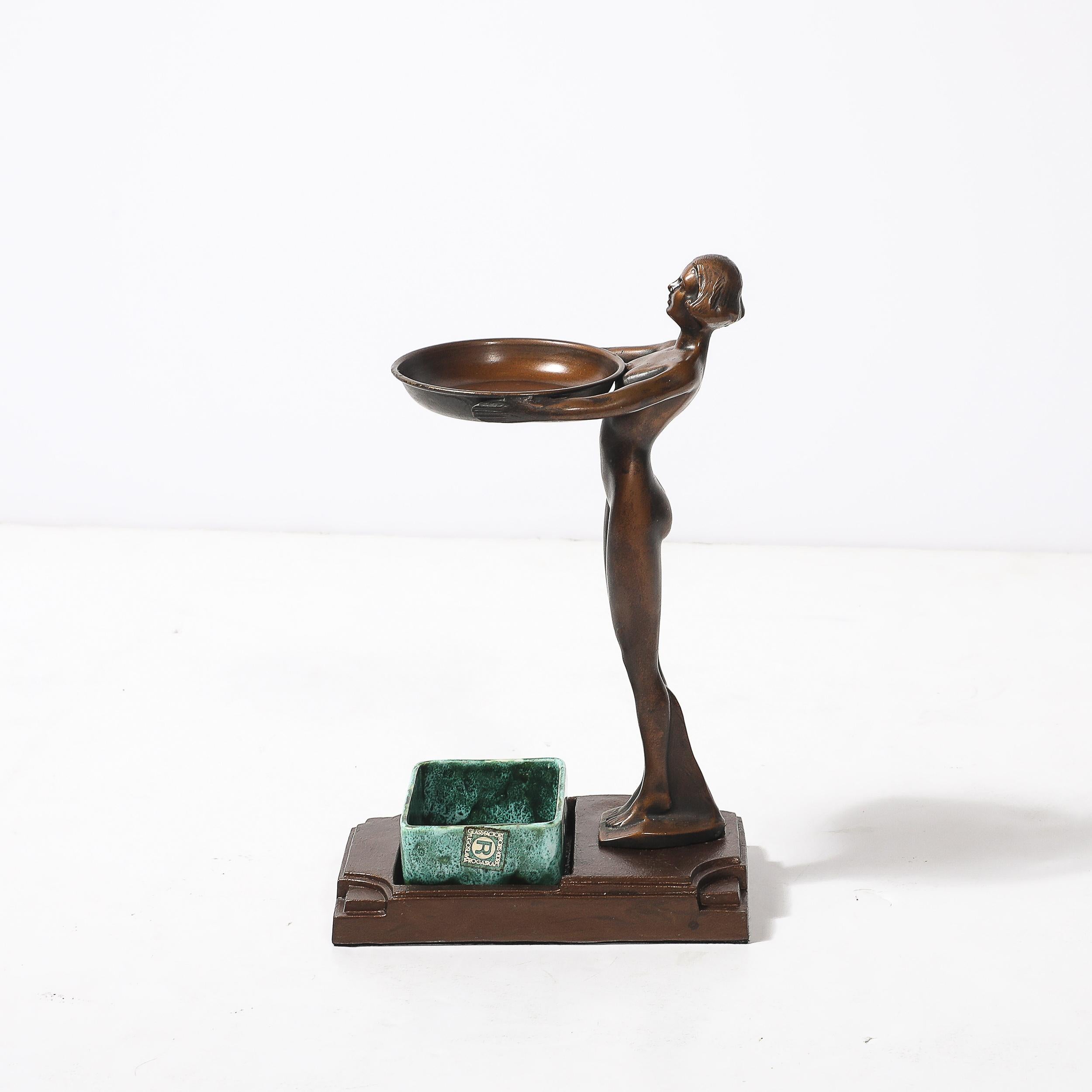 Art Deco Patinated Bronze, Olive Green & Jade Ceramic Smoking Stand by FrankArts For Sale 8