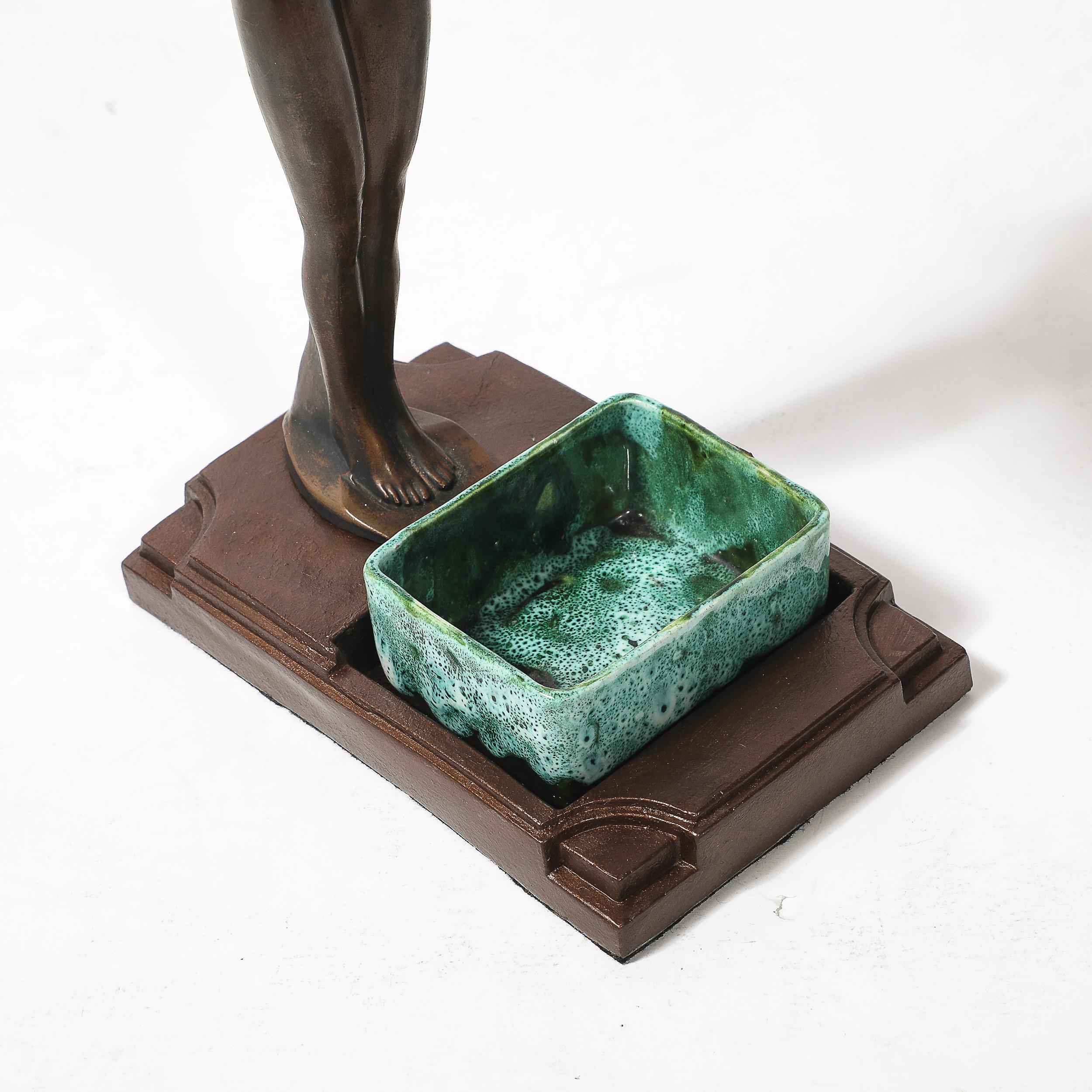 Art Deco Patinated Bronze, Olive Green & Jade Ceramic Smoking Stand by FrankArts For Sale 10
