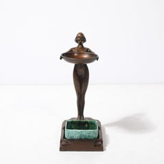 Art Deco Patinated Bronze, Olive Green & Jade Ceramic Smoking Stand by FrankArts