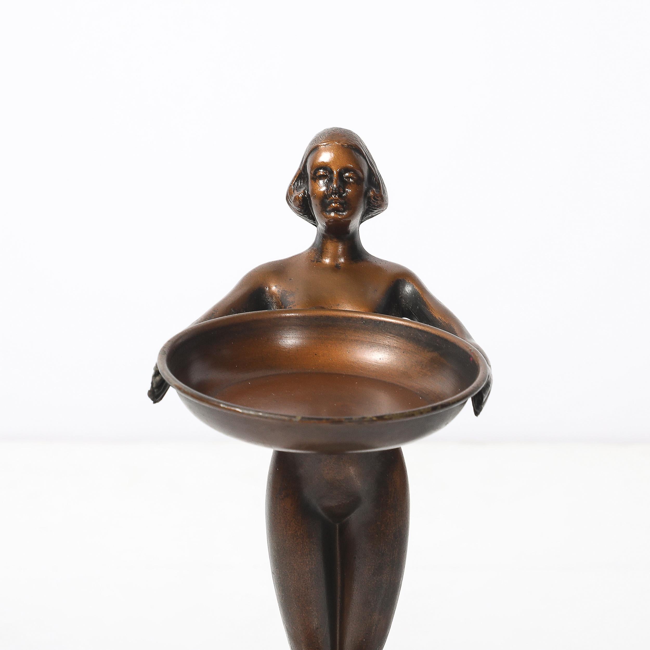 American Art Deco Patinated Bronze, Olive Green & Jade Ceramic Smoking Stand by FrankArts For Sale
