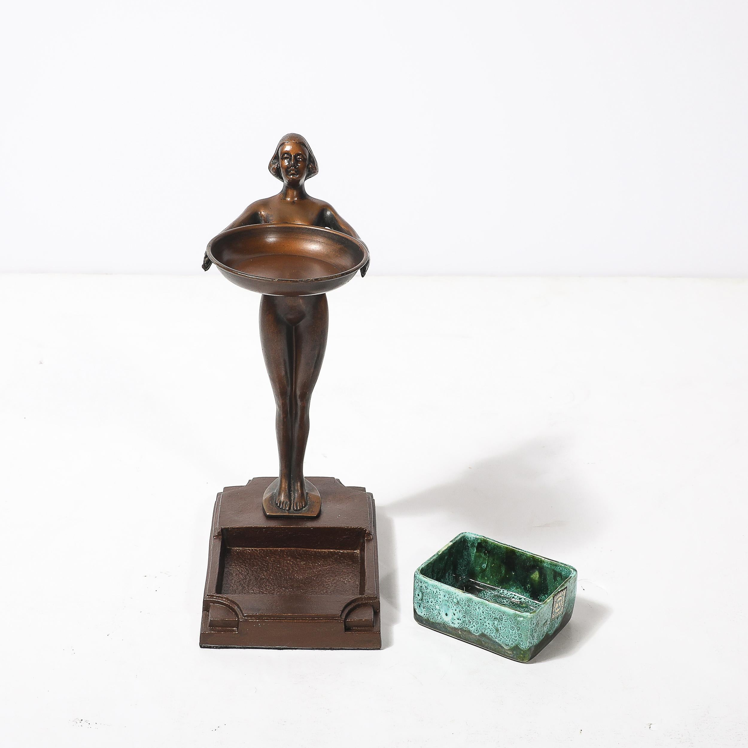 Art Deco Patinated Bronze, Olive Green & Jade Ceramic Smoking Stand by FrankArts In Excellent Condition For Sale In New York, NY